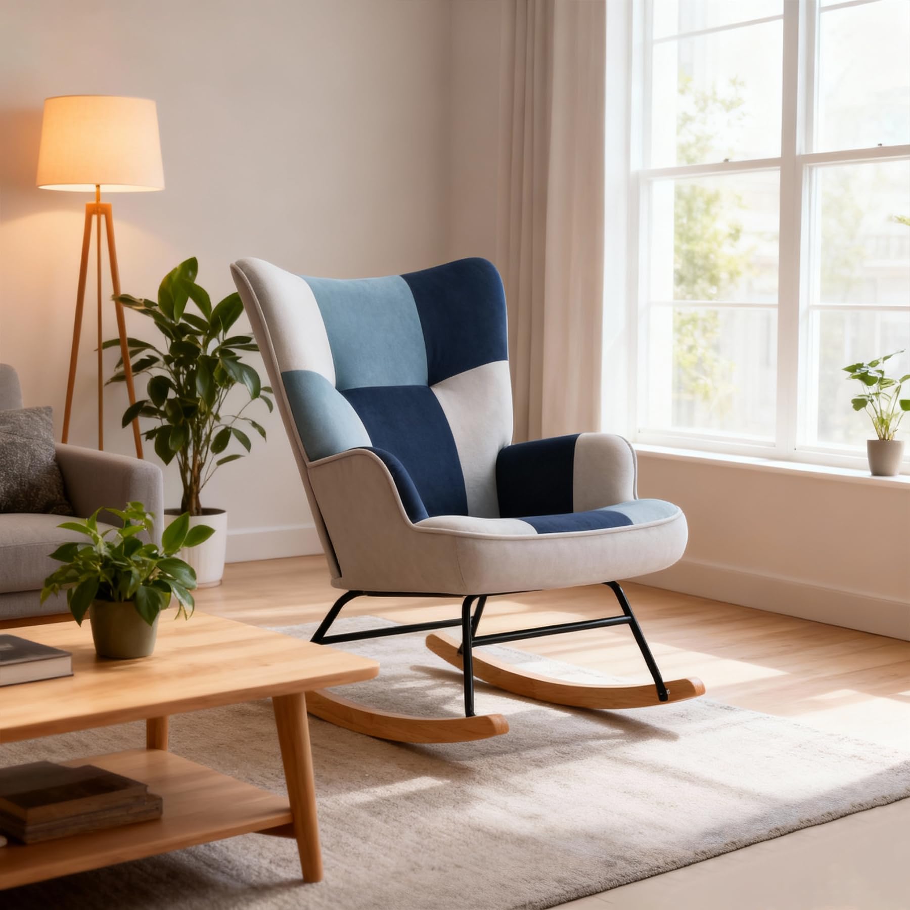 Schaukelstuhl Sessel Patchwork mit Metallgestell und Holzsockel Skandinavischer Schaukelsessel Retro Sessel Wohnzimmer Relaxstuhl Polstersessel für Schlafzimmer Hotel Blau