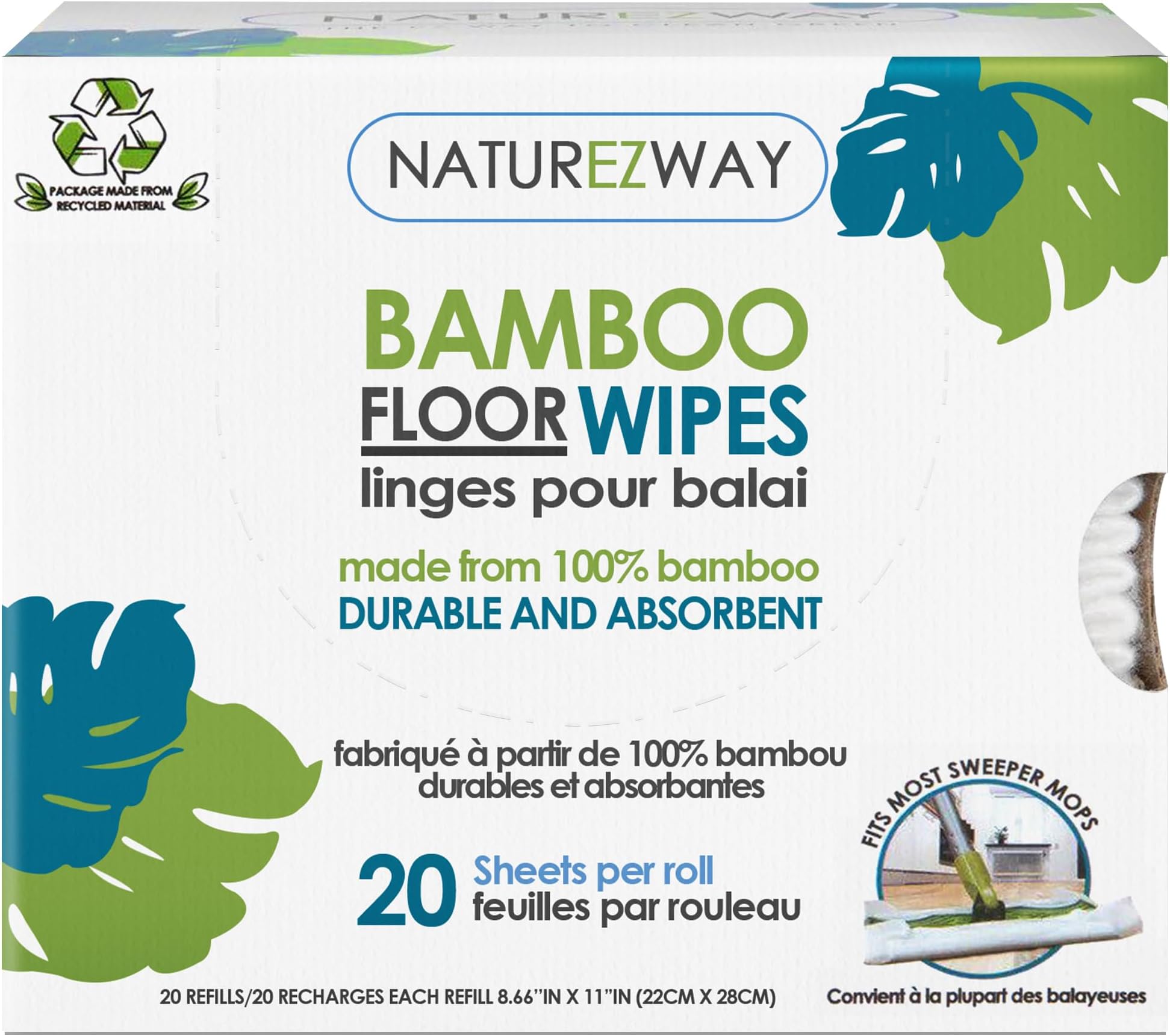 NatureZway Bamboo Floor Wipes|20 Wipes|Natural Bamboo Rayon|Soft and Durable|Works on Wood,Laminate,Tile|Compatible with Most Floor Cleaning Tools|Environmentally Friendly Product|Single