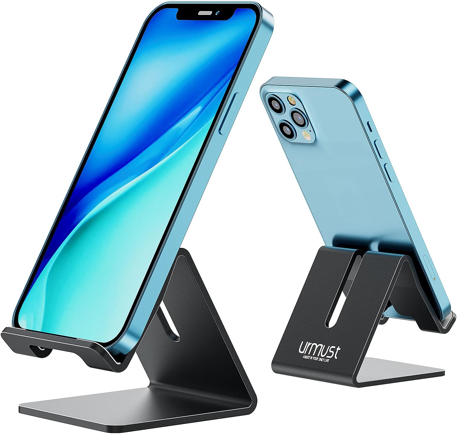 UrmustDesk Cell Phone Stand Holder Aluminum Phone Dock Cradle Compatible with Switch, for iPhone 14 13 12 11 Pro Xs Xs Max Xr X 8 7 6 6s Plus 5 5s 5c, Office Decor Accessories Desk (Black)