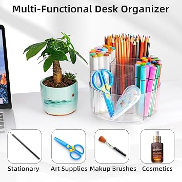 Pencil Holder for Desk, 360-Degree Rotating Pen Marker Crayon Organizer, Spinning Acrylic Desk Pen Organizer Storage, 5 Slots Large Capcaity Caddy for Home Office School Kids Art Supplies