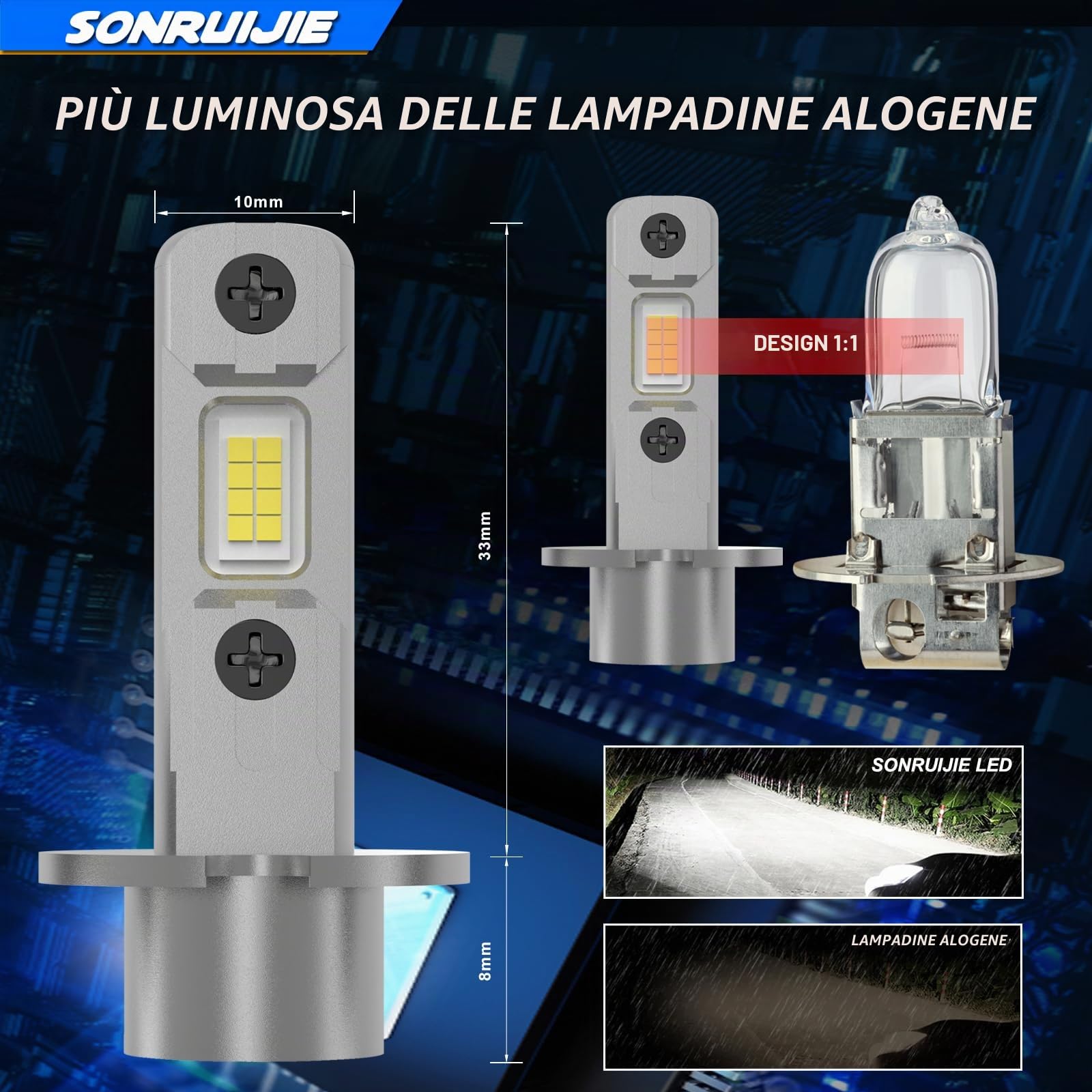 Lampadina H3 LED Canbus,100W 16000LM 6000K 600% Brillante, 1:1 Design di Ricambio Lampada Alogena,Plug and Play, Impermeabile IP68, 2 pezzi