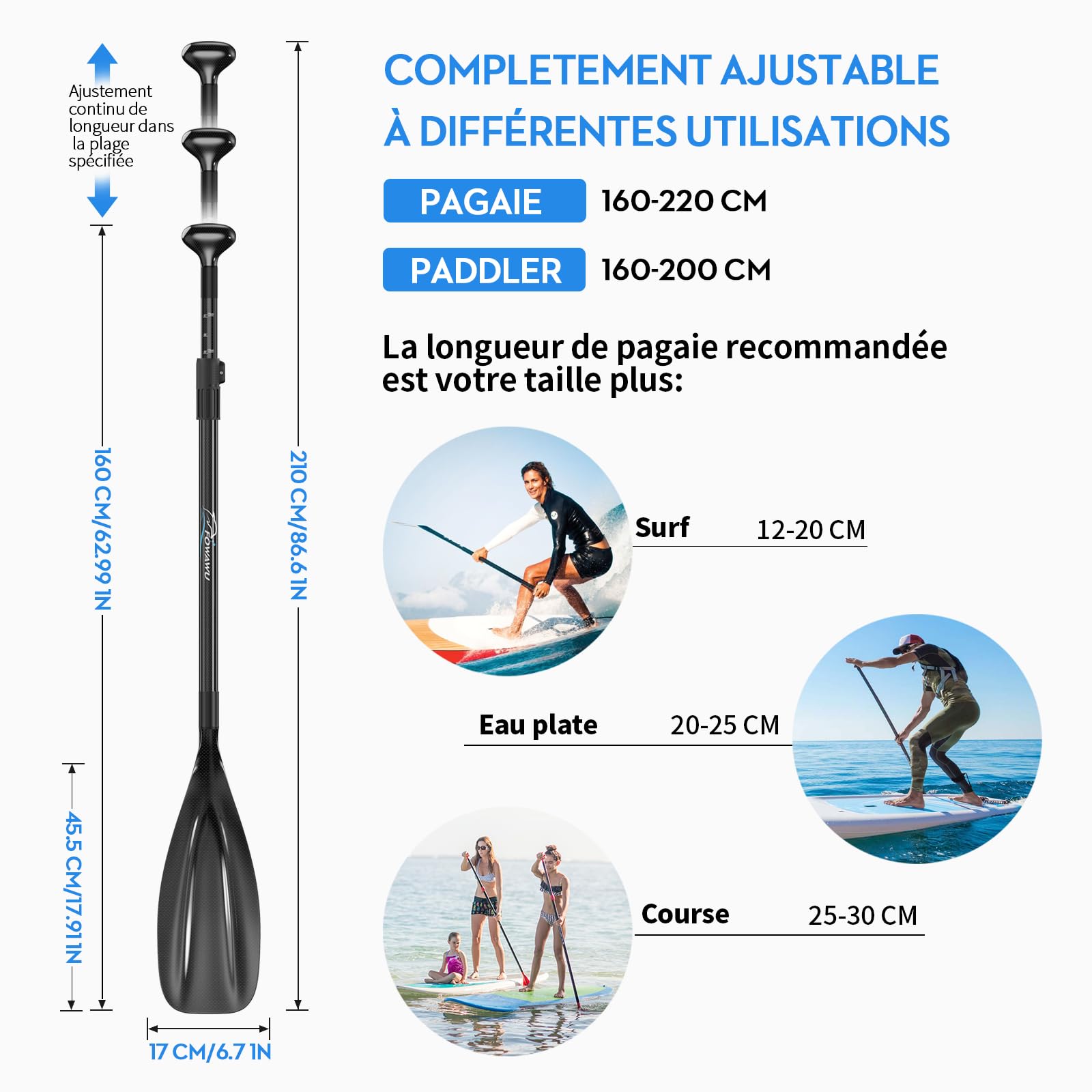 FOWAWU Semi-Carbone/Carbone Rame Pagaie, Pagaie 3 pièces pour Sup Planche à pagaie Debout - pour Planche Gonflable - Léger & Résistant (Taille 160–210 cm)