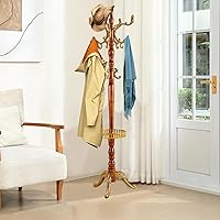 Vista 18 de Perchero de ropa de madera independiente, soporte de árbol de abrigos naturales con 14 ganchos, perchero de 185 cm resistente y fácil de montar