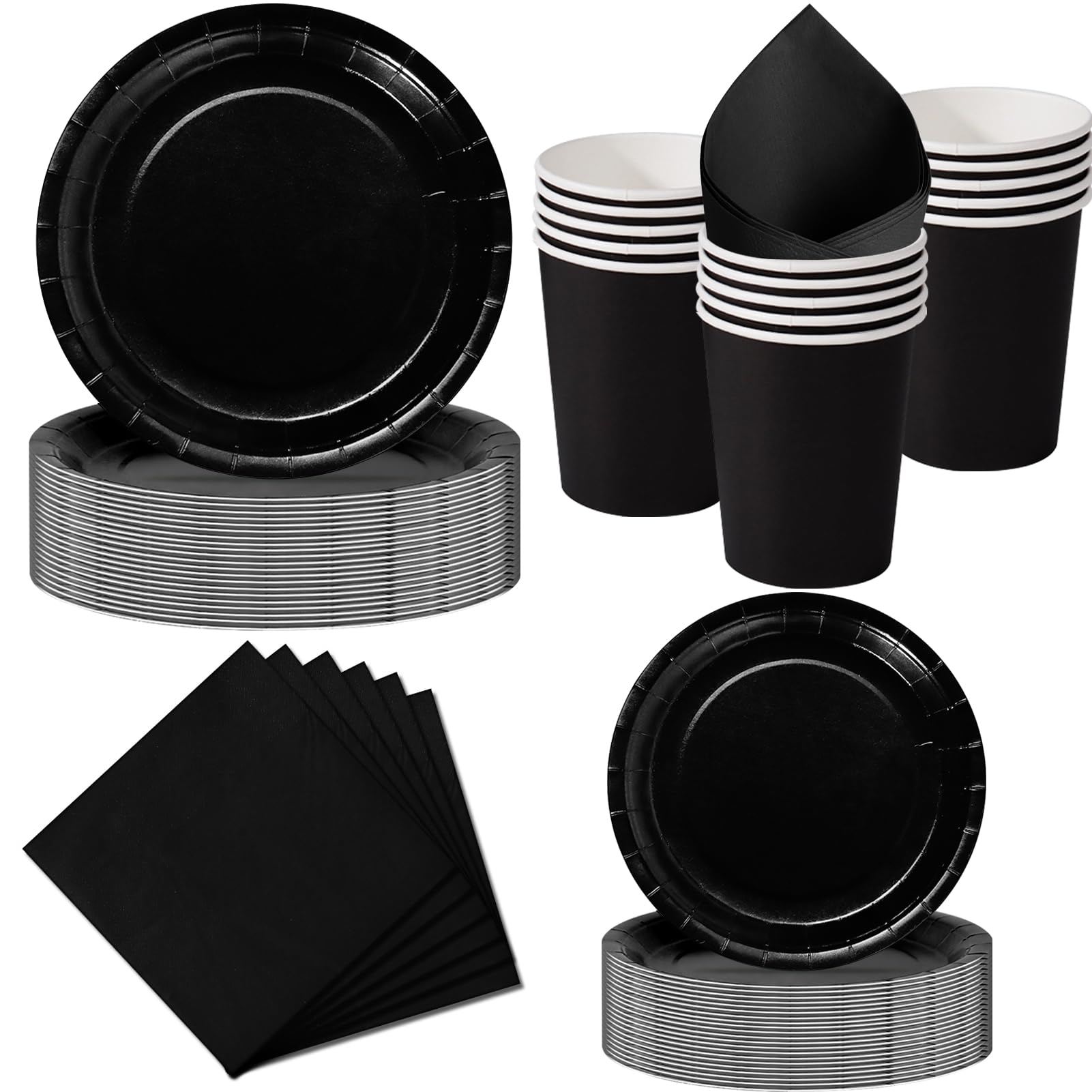 Nkaiso Party Plates Cups and Napkins Set, 50 Piece Black Party Tableware, Disposable Paper Plates Cups Napkins for Birthday BBQ Picnic Dinnerware Party Supplies