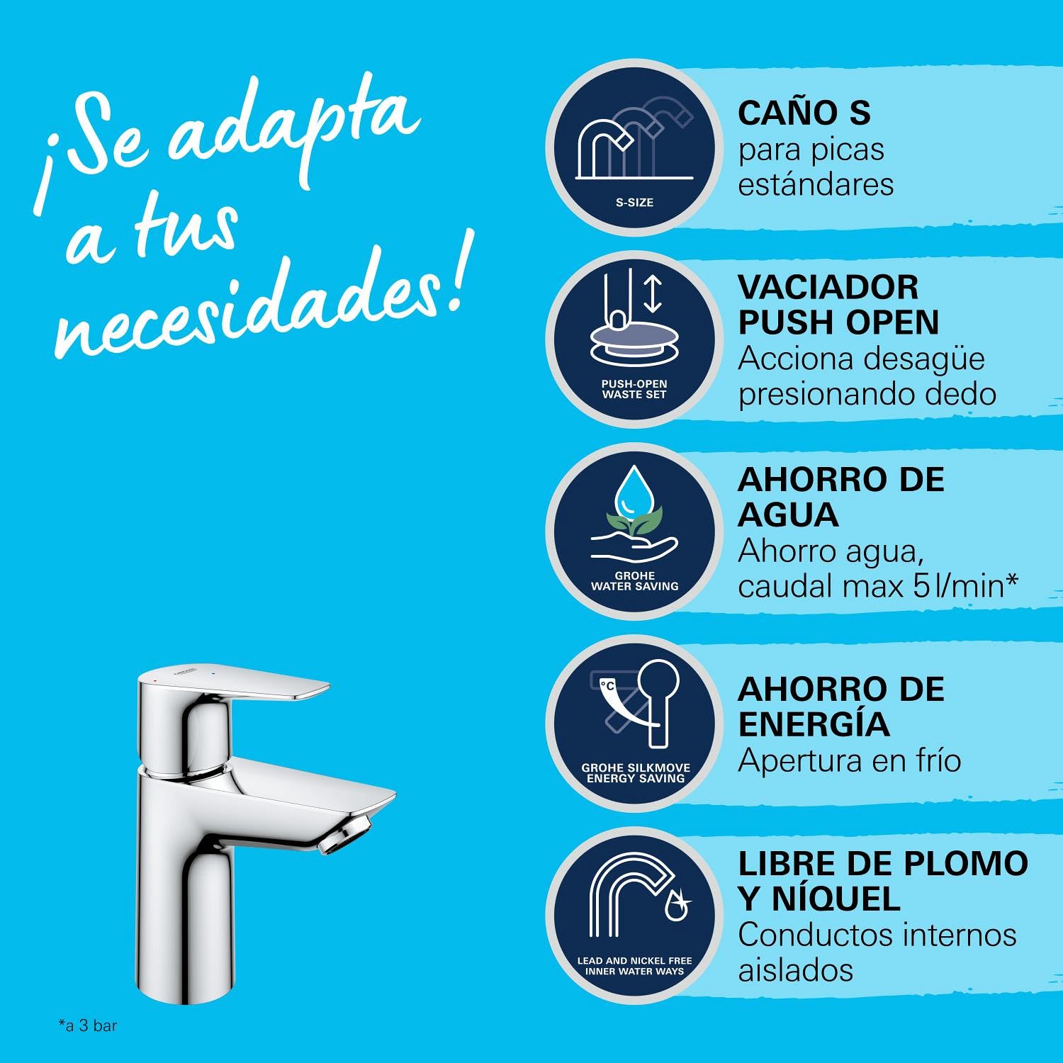 Grohe Start Edge QuickFix- Grifo de lavabo monomando S (vaciador push-open, menor consumo de agua, altura 147mm), cromo, 23900001