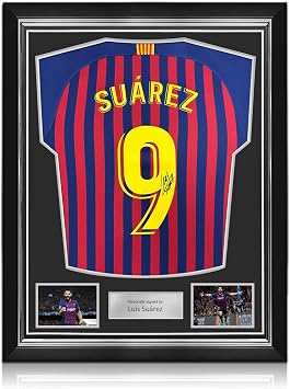 Luis Suarez Signed Original Barcelona 2018-19 Home Soccer Jersey Fan Style Printing. Superior Frame