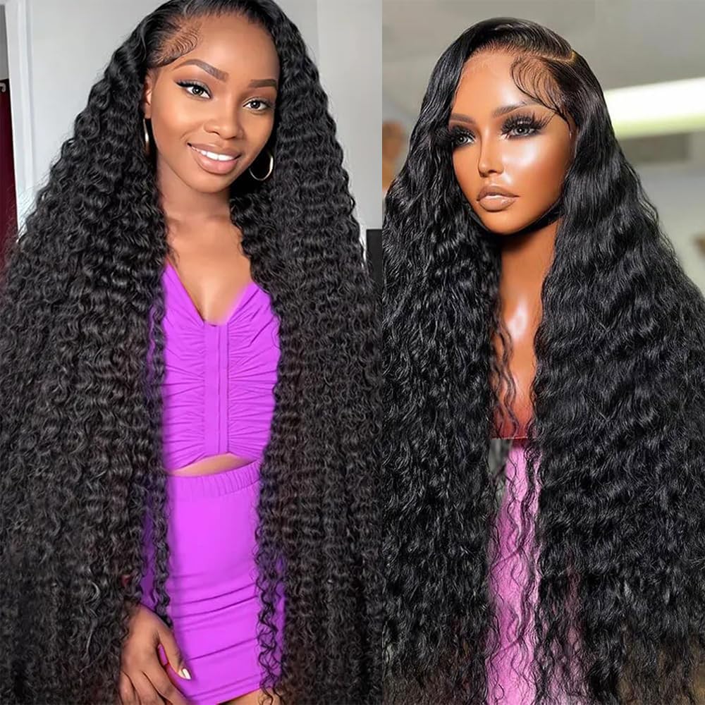 Brazilian Virgin Deep Wave Human Hair 13x6 Lace Front Wigs 34 Inch 100% Unprocessed Pre Plucked 200 Density Deep Curly Human Hair Hd Lace Frontal Glueless Wig Natural Color