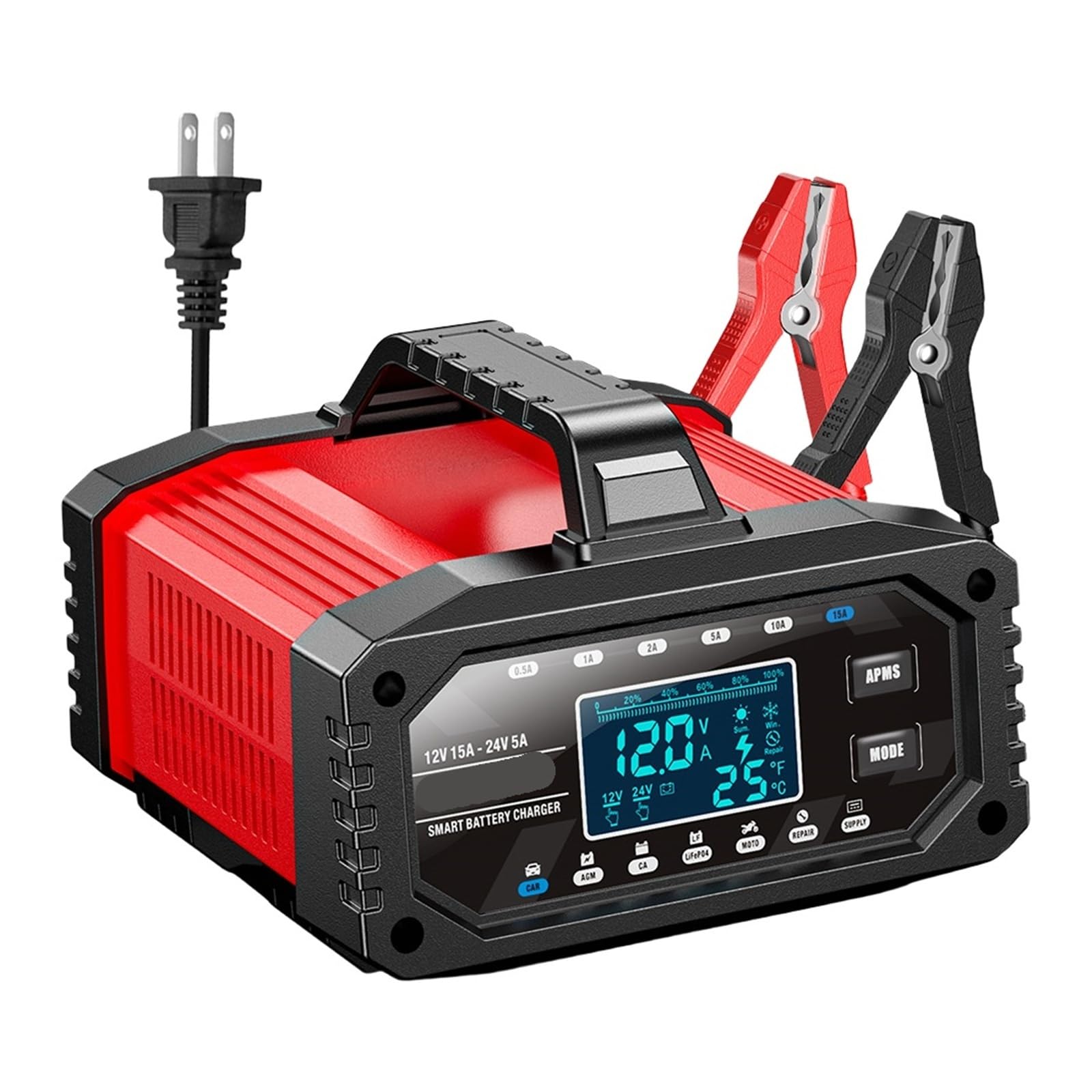 Ładowarka Baterii, Ładowarka samochodowa 15A 12V 24V z wyświetlaczem LCD, wzmacniacz samochodowy, ładowarka samochodowa Moto