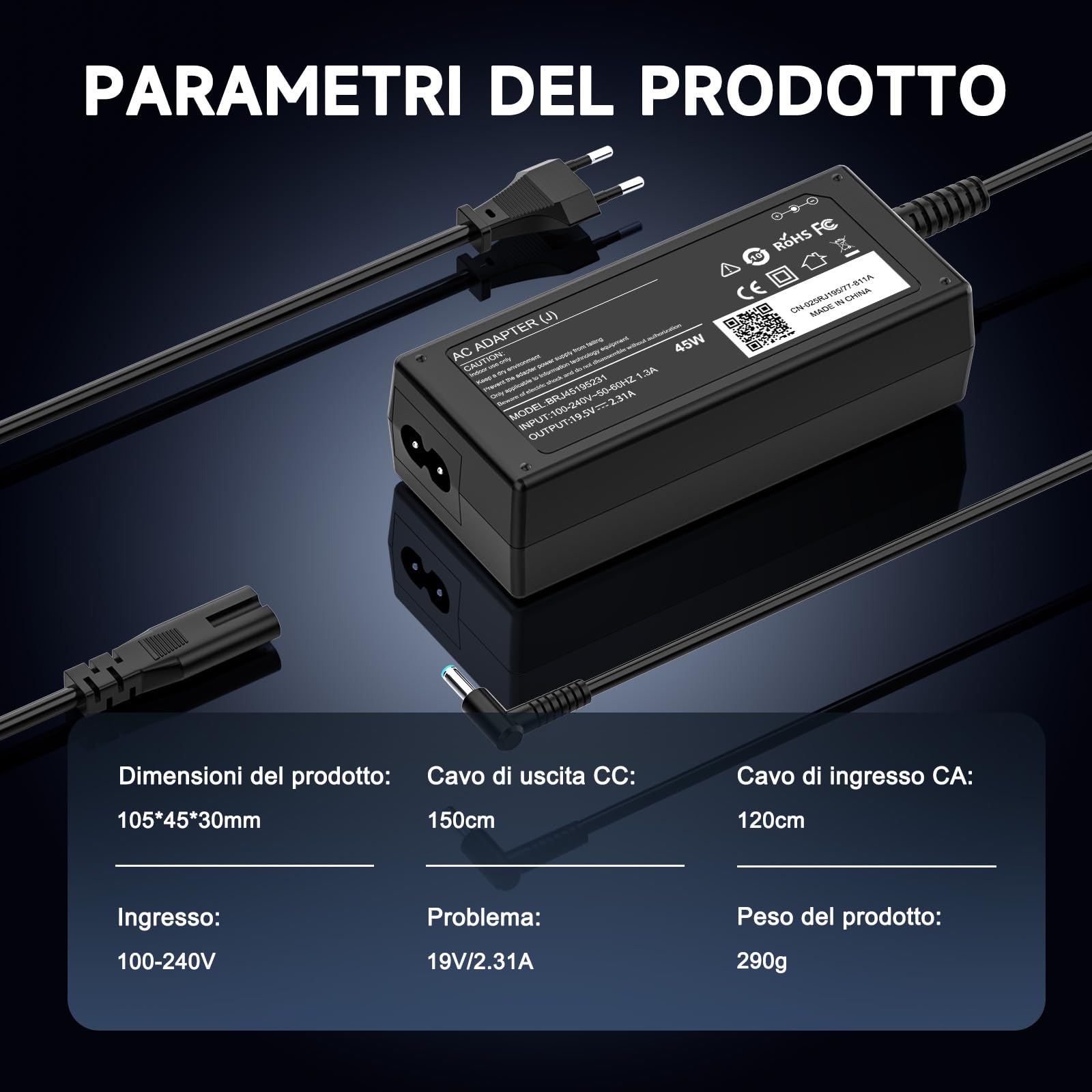45W Caricatore Portatile 19.5V 2.31A Alimentatore Compatibile con HP Probook 430 440 450 470 Elitebook 840 850 250 255 G3 G4 G5 G6 G7 G8 Pavilion X360 Notebook 13 14 15 Adattatore Caricabatterie