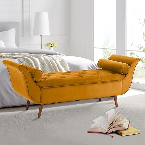 Storage Bench for Bedroom End of Bed, Velvet Upholstered Rolled Armed Button Tufted Sofa Stool Bench, Storage Ottoman Couch Long Bench with Solid Wood Legs (Brown)