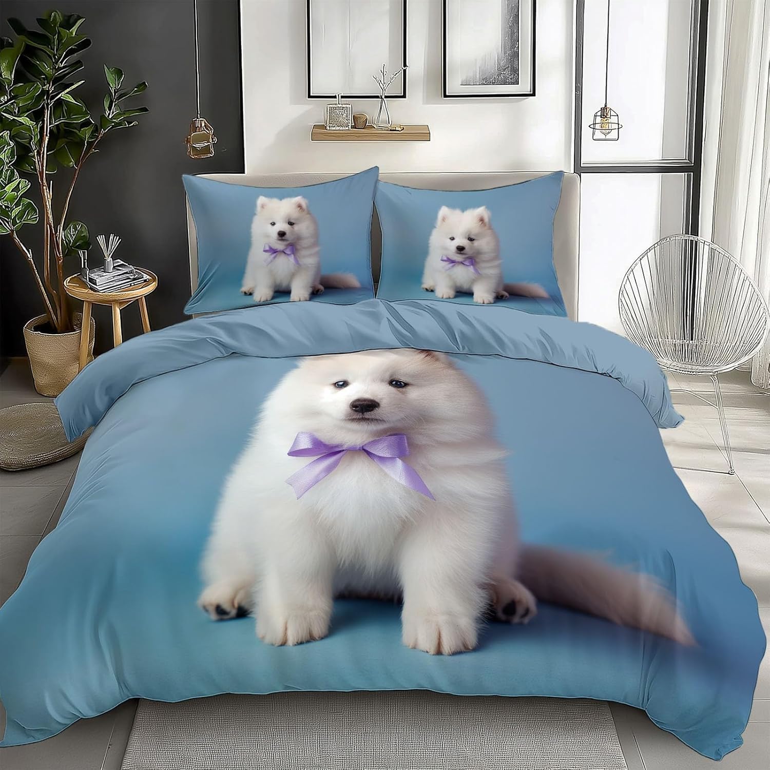 Samoyed Poszewka na kołdrę 225 x 225 cm, poszewka na kołdrę dla psa, 3 szt., dwustronny zestaw pościeli 3D z nadrukiem zwierzęcym, ultramiękki zestaw pościeli ze szczotkowanej mikrofibry, dekoracja