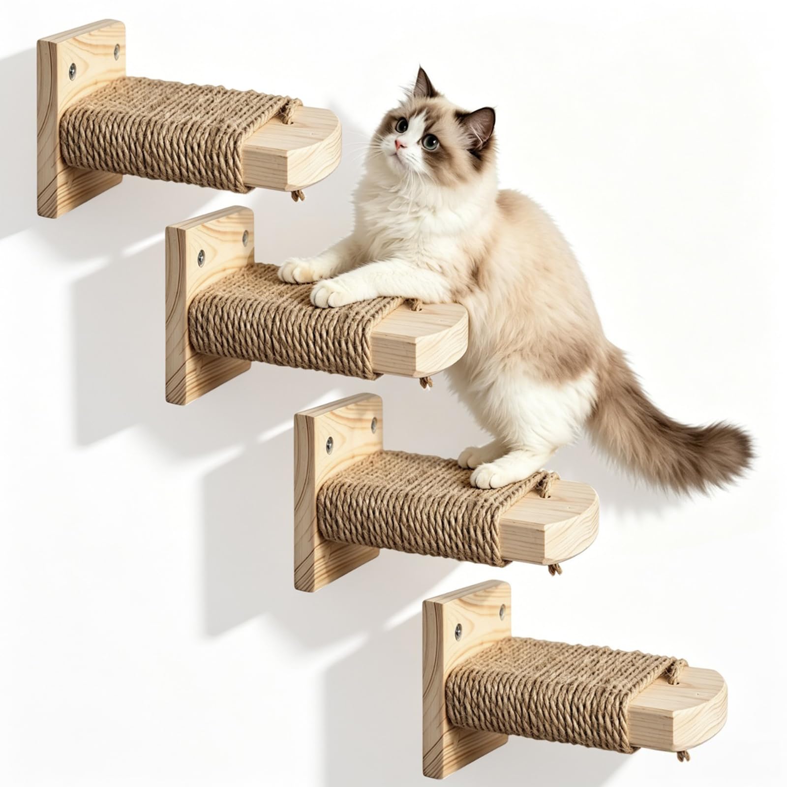 Katzentreppe Wand 4pcs 20CM Lang Natur Holz mit Juteseil Tragfähigkeit 35kg | DIY Kletterwand Katzen aus Holz Wandmontage Kletterwand Wandliege aus Massives für Katze Klettern Spielen Massives Gummiholz
