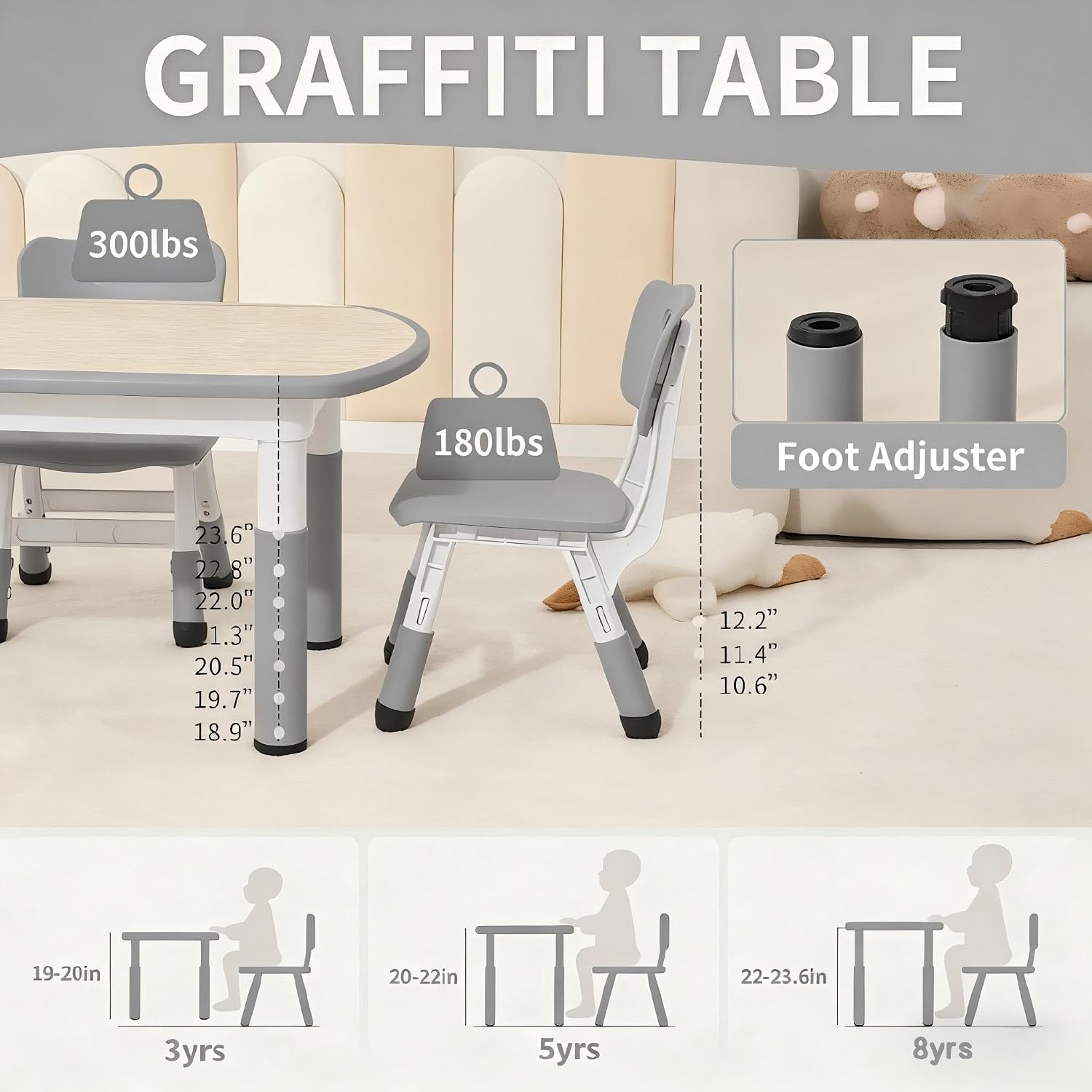 Kids Table and 2 Chairs Set, Height Adjustable Toddler Desk, Easy to Clean Graffiti Desktop for Kids, Classroom/Daycare/Home, Children Multi-Activity Table for Ages 3-8 (Gray)