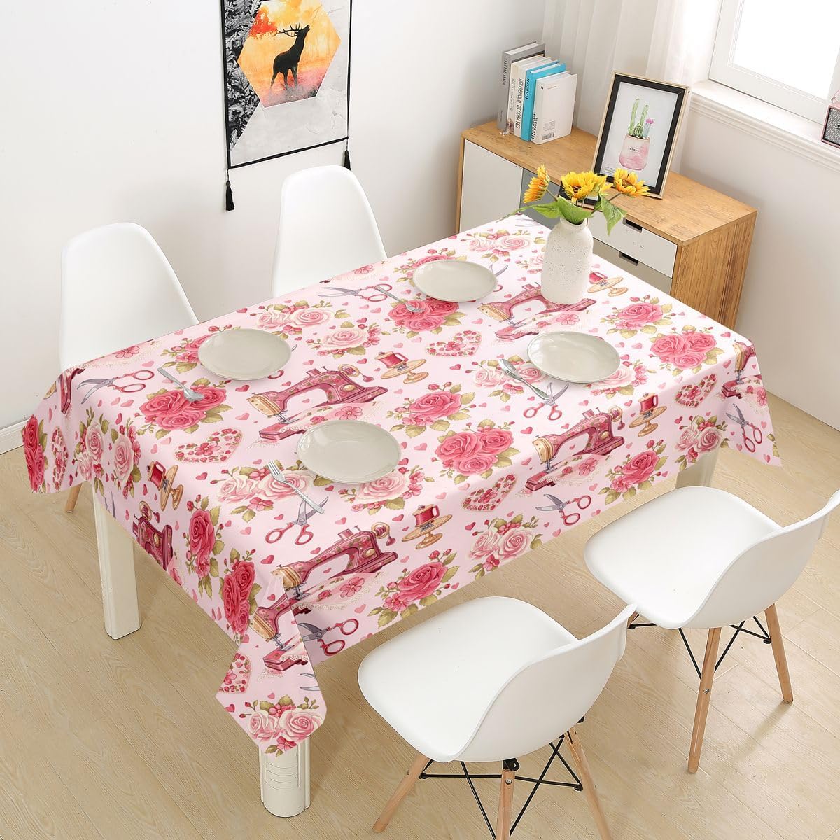 Manfei Sewing Machine Tablecloths,Craft Handmade Stitching Sew Needlework Table Cover,Rose Flowers Love Heart Dreamy Table Cloth,Pink Table Accessories for Kitchen,Square 55"x55"
