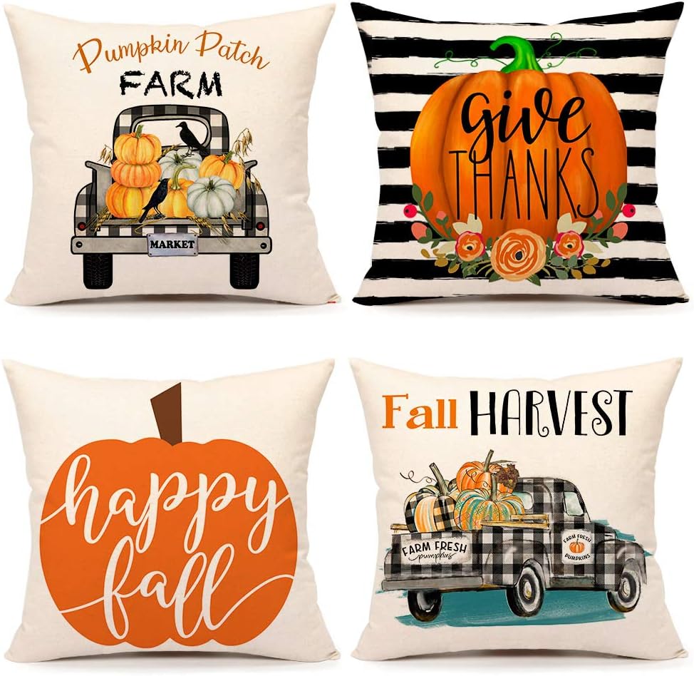 4TH Emotion Fall Decor Pillow Covers 18x18 Set of 4 Autumn Thanksgiving Pumpkin Farmhouse Decorations Cushion Case for Sofa Couch Linen (Pumpkin Patch Farm, Give Thanks, Happy Fall, Fall Harvest)