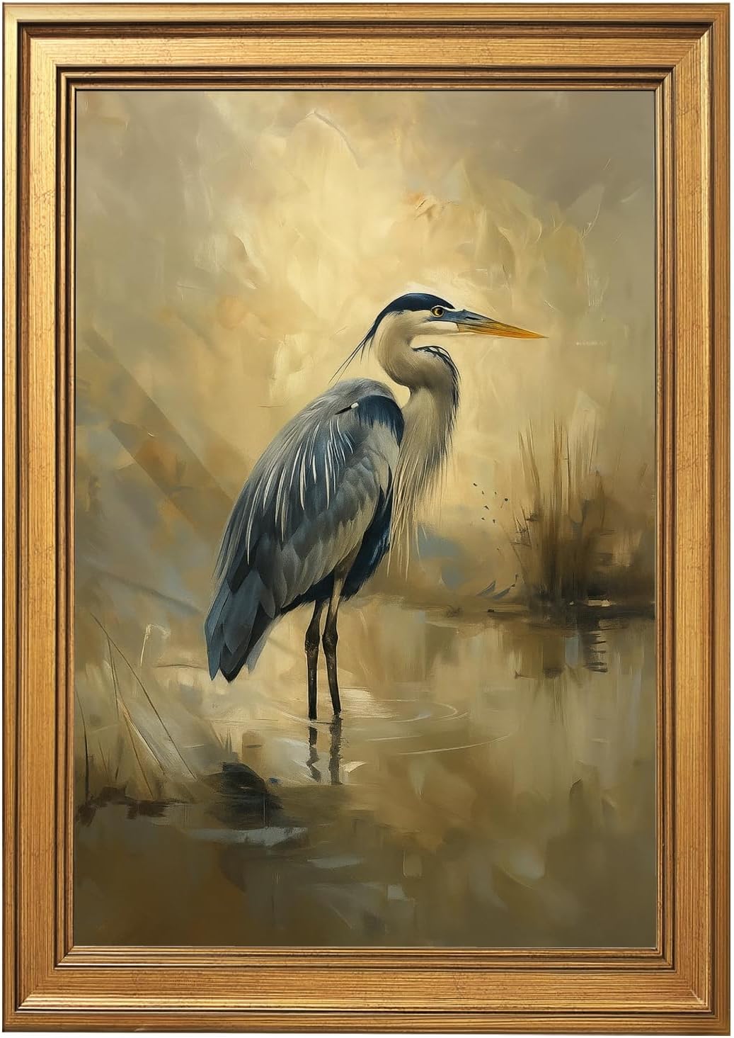 Framed Vintage Blue Heron Watercolor Wall Art Canvas Print Elegant Water Bird Wildlife Painting Farmhouse Serene Bird Poster Retro Nature Picture Wall Decor for Living Room Bedroom 12x16inch Gold