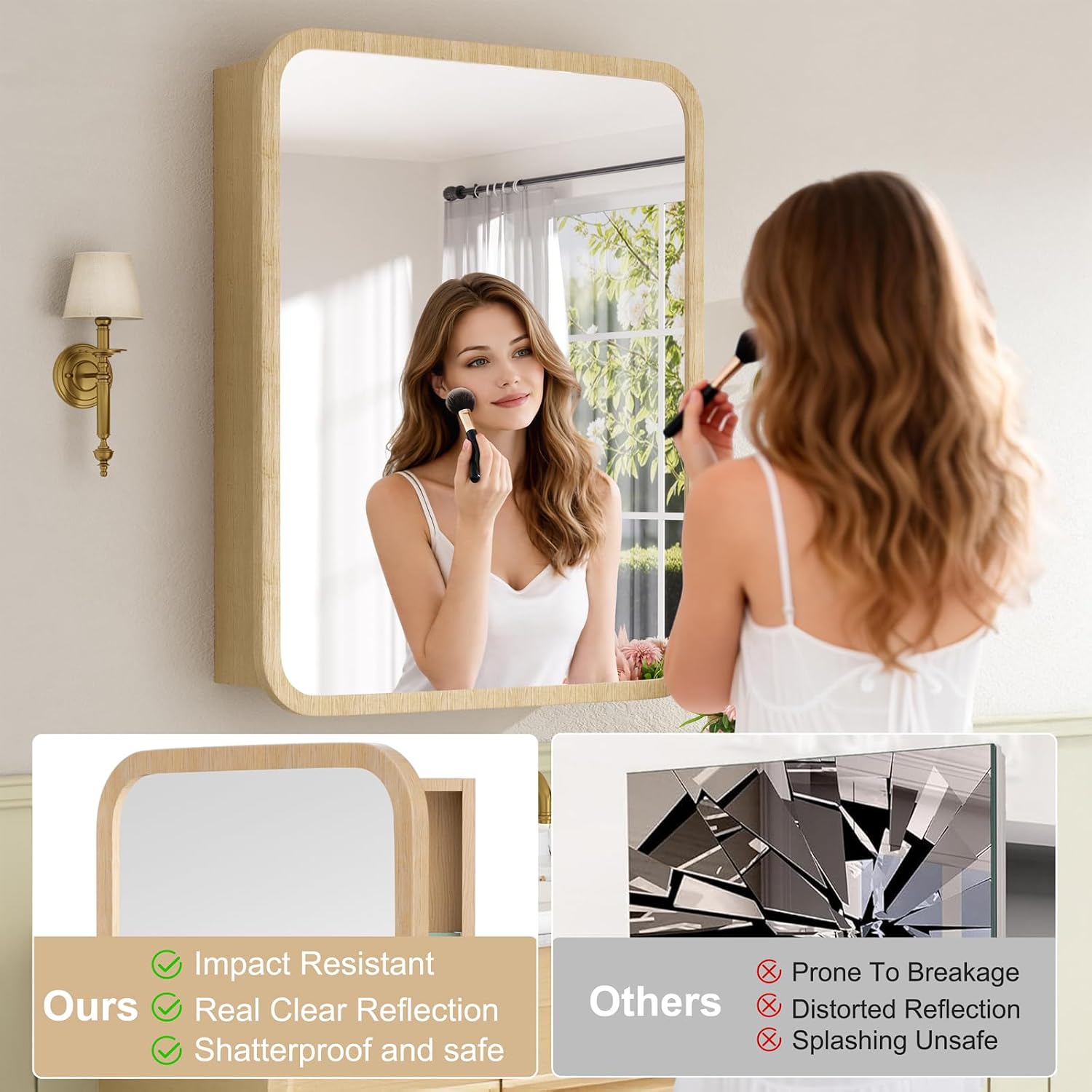 24x30 Inch Wood Medicine Cabinet with Mirror, Surface or Recessed Mount Bathroom Mirror Cabinet, Adjustable Glass Shelves, Soft-Close Door, Rounded Corner, Fully Assembled, Oak
