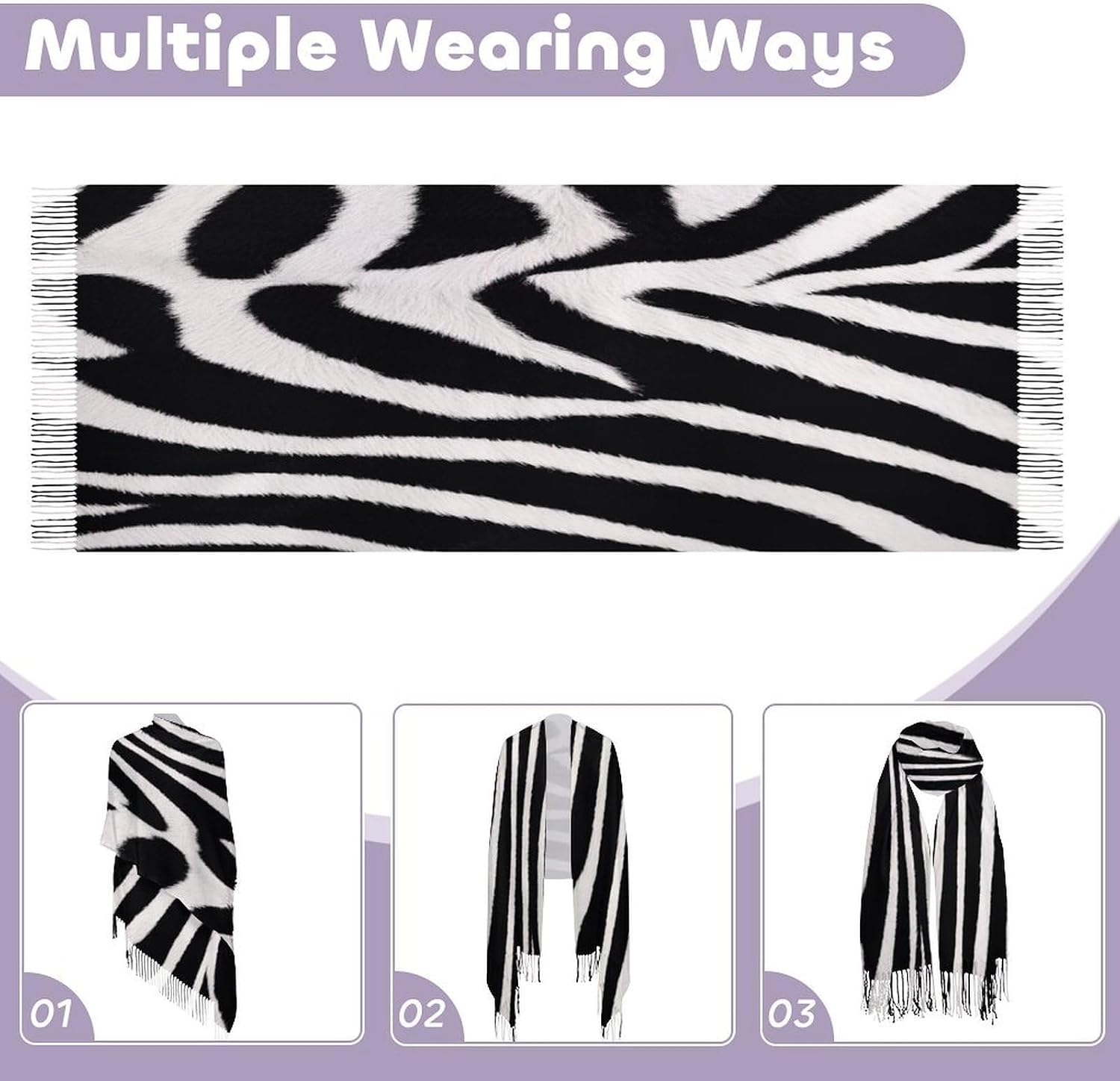 Zebra Animal Winter Scarf for Women Soft Tassel Scarves Oversized Wraps Long Shawl Cold Weather Thick Blanket Scarfs
