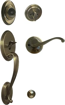 eBuilderDirect Antique Brass Lock Door Lever Handle Entry/Privacy/Passage/Dummy/Deadbolt 835AB Front Door Handle Set Keyed Alike