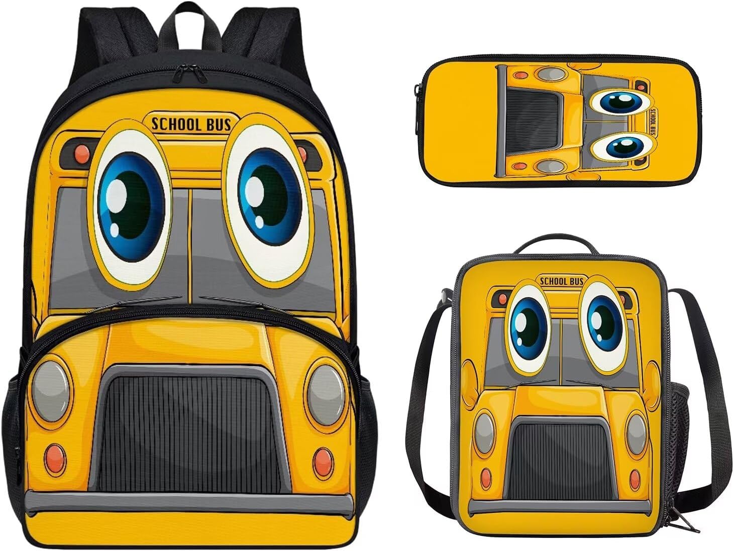 HUIACONG School Bus Eye Kids Backpack 3 Pack Set Boys School Bags with Lunch Box and Pencil Case for Children Teens School Backpacks Combo Set