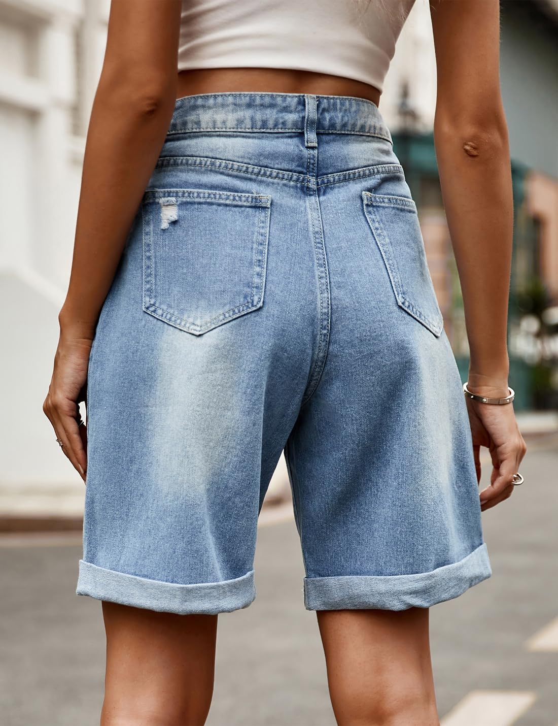Short en jean décontracté taille haute pour femme - Style baggy déchiré - Coupe droite