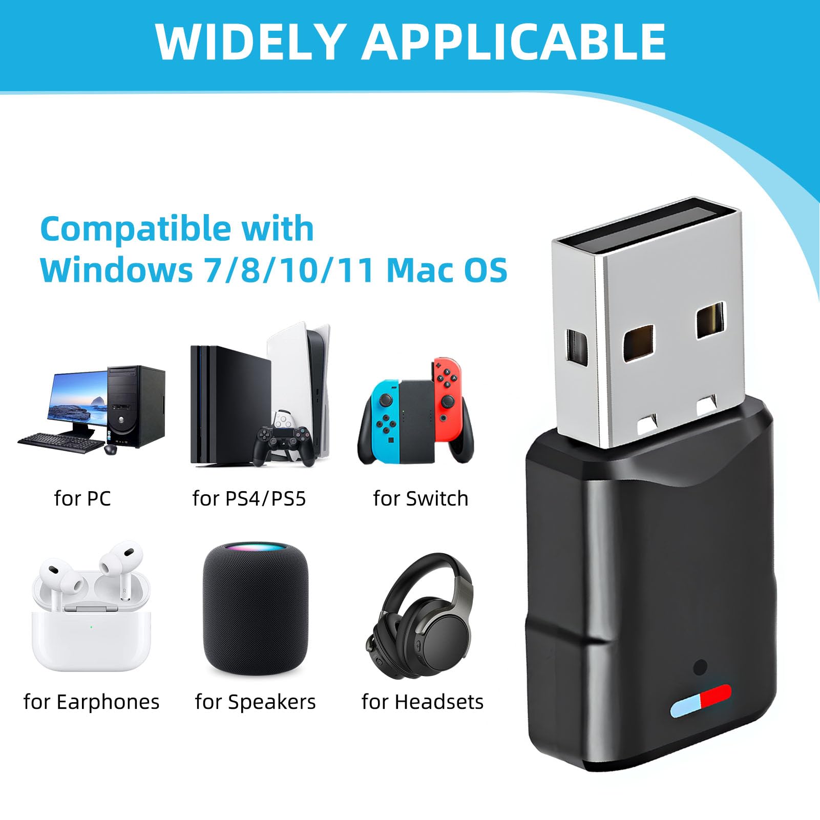 Adaptador Bluetooth USB 5.3 para PS5 PS4 PC Switch,3 Mbit/S Bluetooth Transmisor Receptor Audio Inalámbrico de Baja Latencia,Dongle Dual Link Plug and Play,Compatible con Window Macos Altavoce Casco