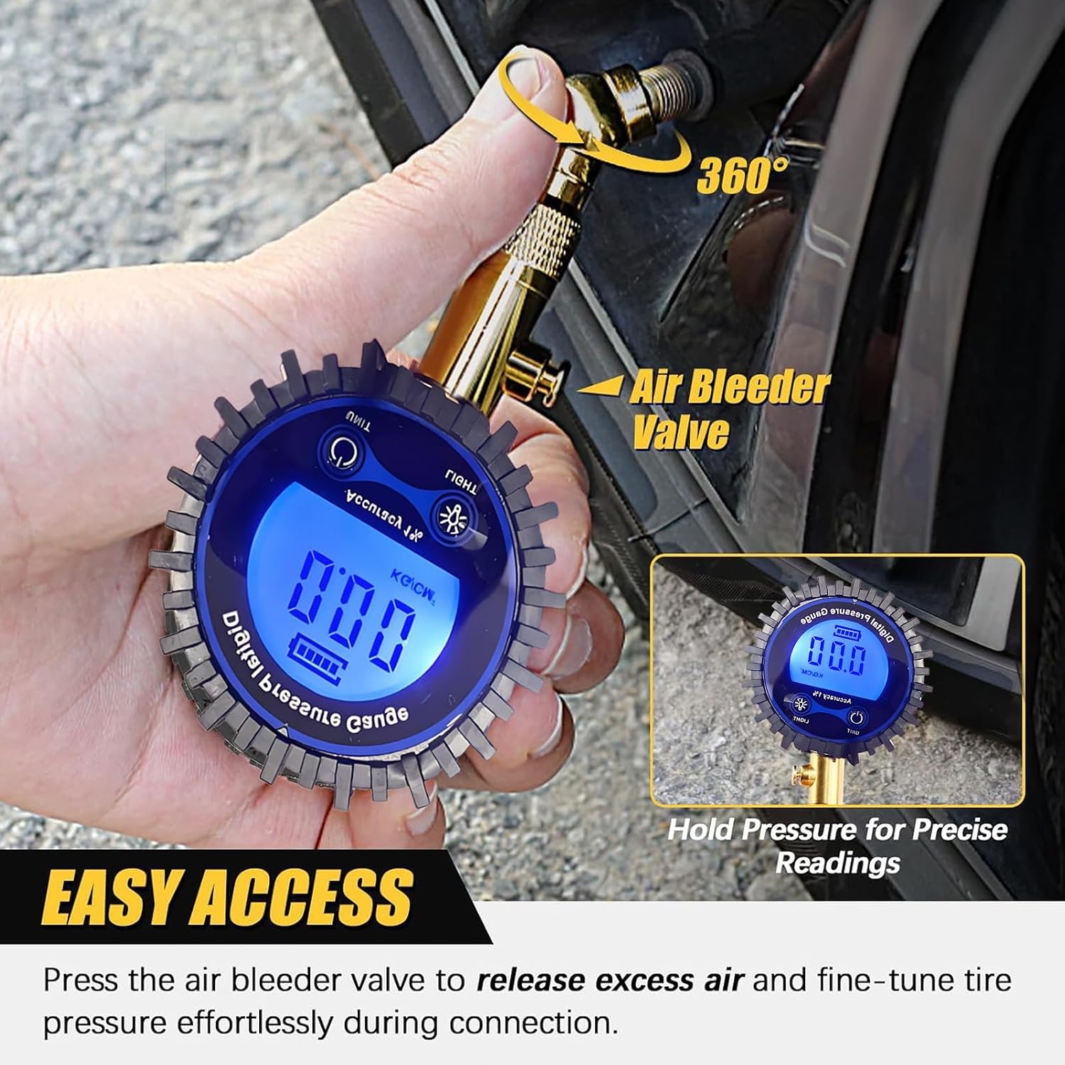 PINKJOY Digital Tire Pressure Gauge for Cars 250PSI - Accurate Air Pressure Gauge for Tires with 360° Swivel Chuck