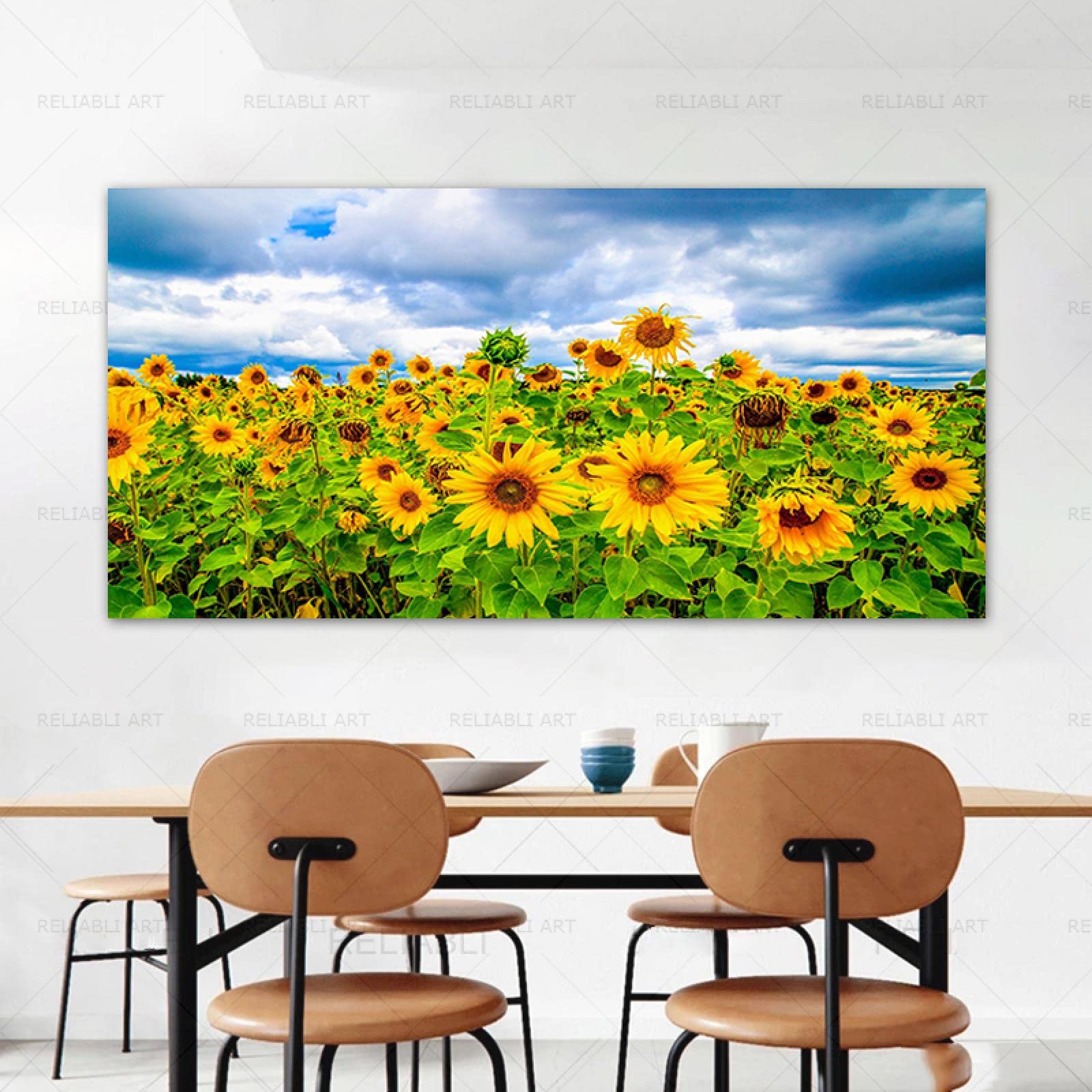 BIEMBI Paisaje Campos de girasol Cielo azul Nubes Pintura en lienzo Carteles nórdicos e impresiones Arte de la pared Imágenes Decoración para el hogar Obra de arte Marco de 50x100 cm