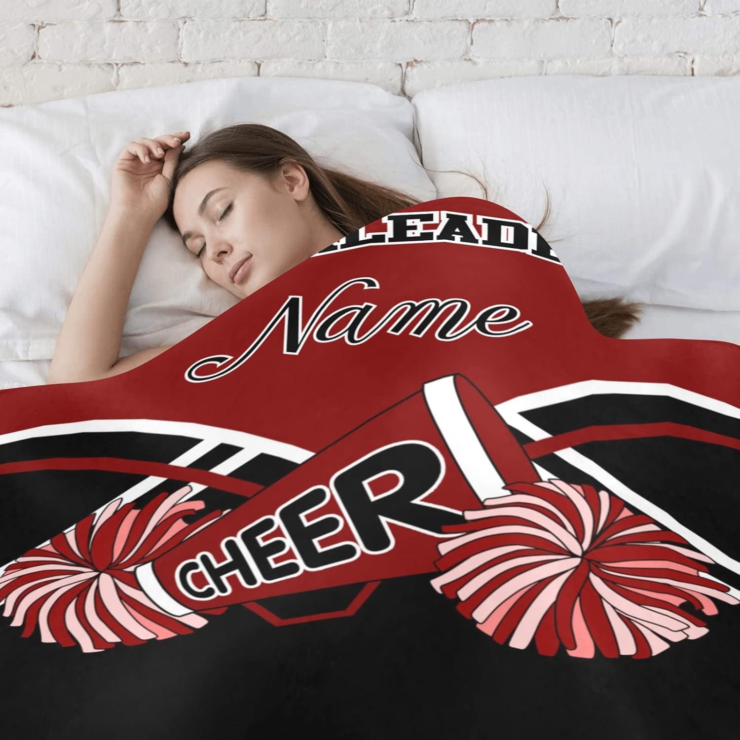 Cheerleader Dark Red White & Black Personalized Blanket with Name Soft Fleece Throw Blankets for Men Women Birthday Wedding Gift 50X60 inch
