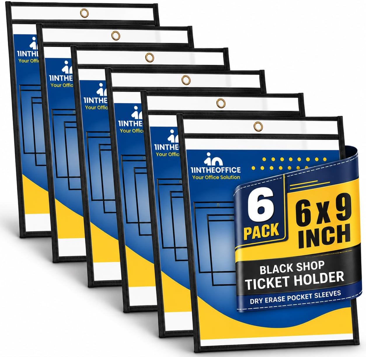 1InTheOffice Dry Erase Pocket Sleeves, Black Shop Job Ticket Holders 6x9, (6 Pack)