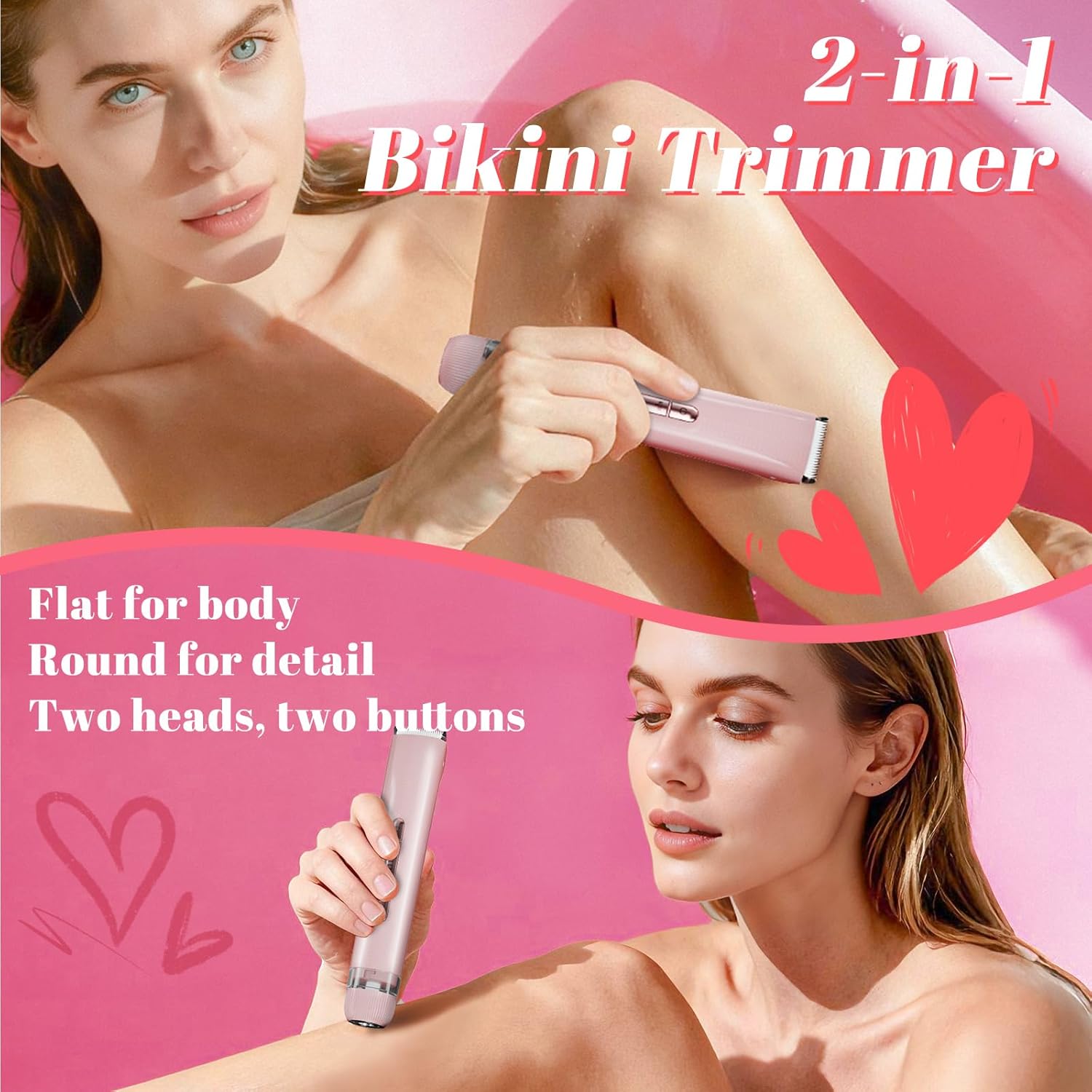 2-in-1 Bikini Trimmer for Women – Dual-Head Electric Razor, IPX7 Waterproof Wet & Dry, Pubic Hair Trimmer & Body Shaver, LED Battery Bars, USB-C Rechargeable – X6 Satin Rose Gold