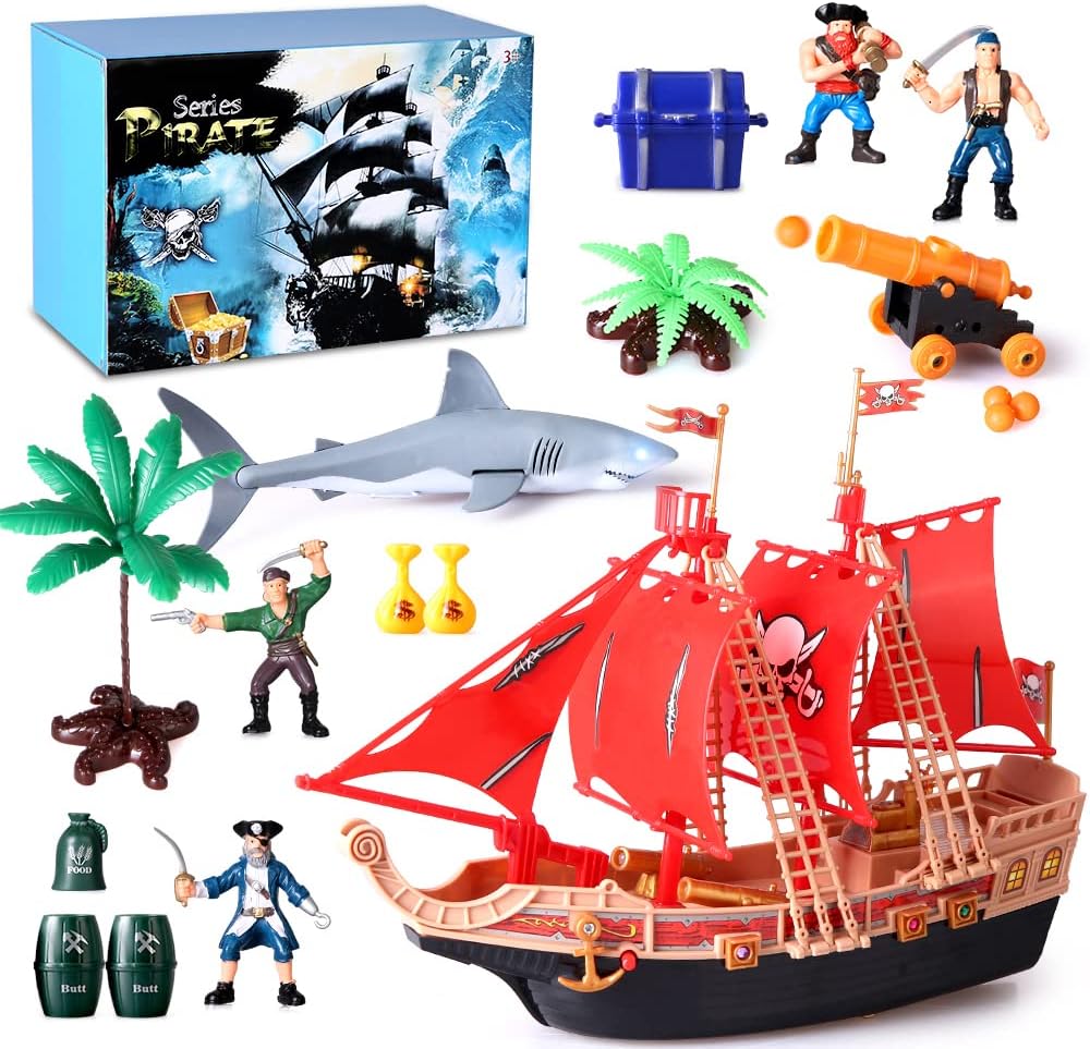 kramow Pirate Ship Action Figures Toys- Pirate Vessel Plastic Figures Play Set- Educational Learning Toys with Shark,Trees,Cannon,Boat and Other Accessories- Gifts for Kids Boys and Girls