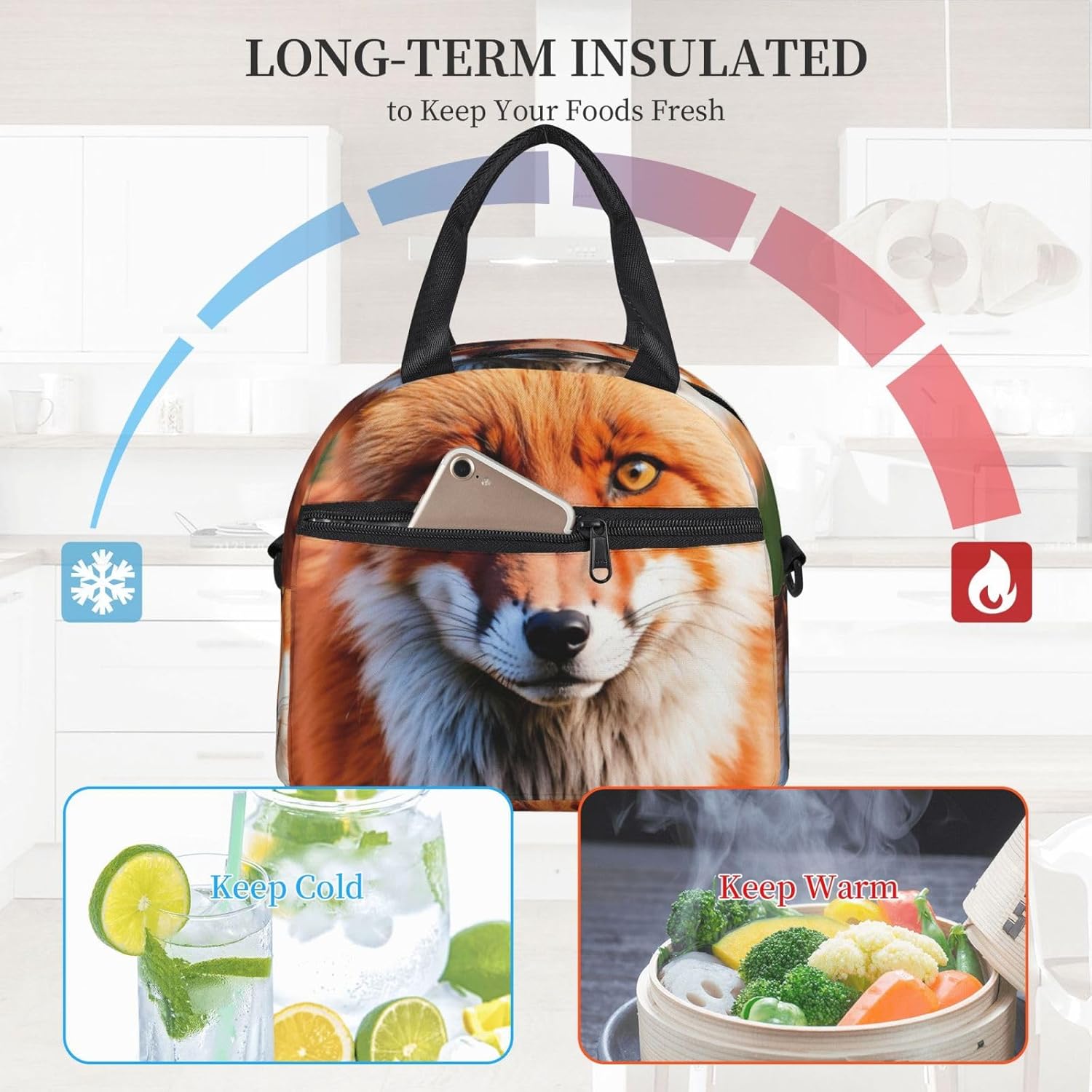Fox Print Reusable Lunch Bag Insulated Lunch Boxes for Office Work Picnic Tote Bag Adjustable