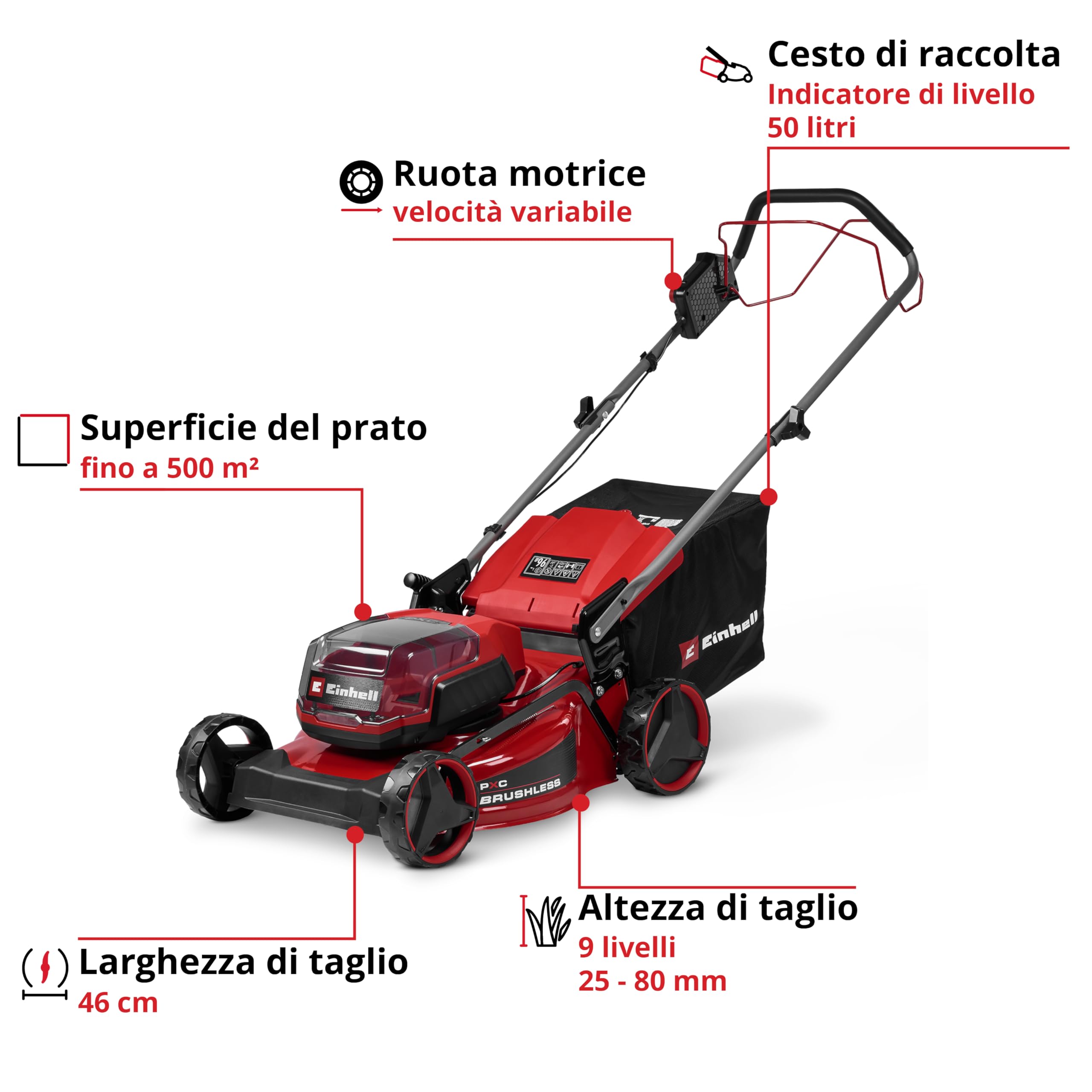 Einhell tosaerba GC-CM 36/46 S Li BL Kit Power X-Change (36 V, larghezza di taglio 46 cm, fino a 500 m², Brushless, ruota motrice, cesto da 50 litri, incl. 2 batt. da 4,0 Ah + 1 Twincharger)