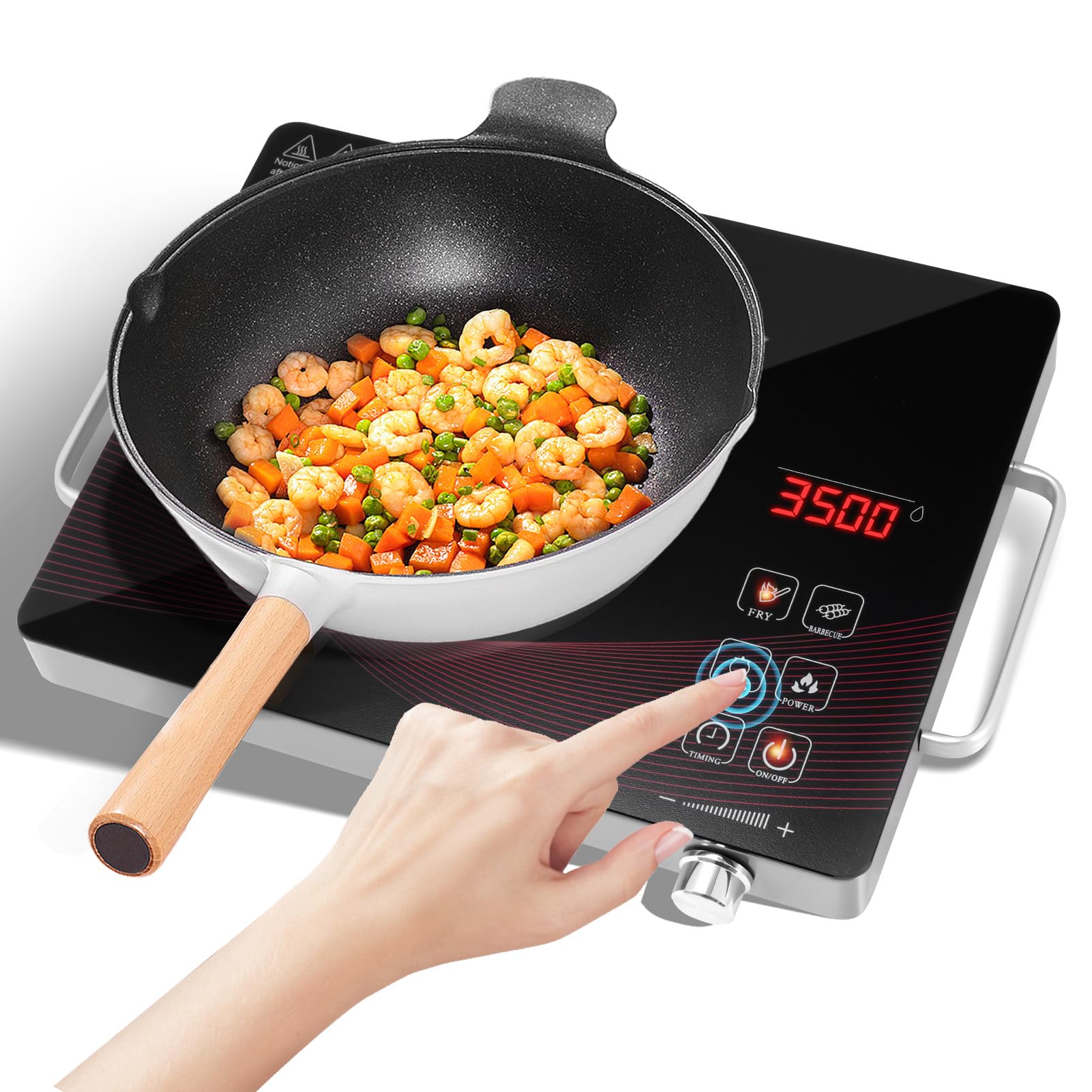 wowspeed Placa de inducción vitrocerámica, 1 quemador de 3500 W, placa de inducción, placa portátil de 20cm, 4 modos de cocción, temporizador de 3 horas, ajuste continuo, controles táctiles, 220V