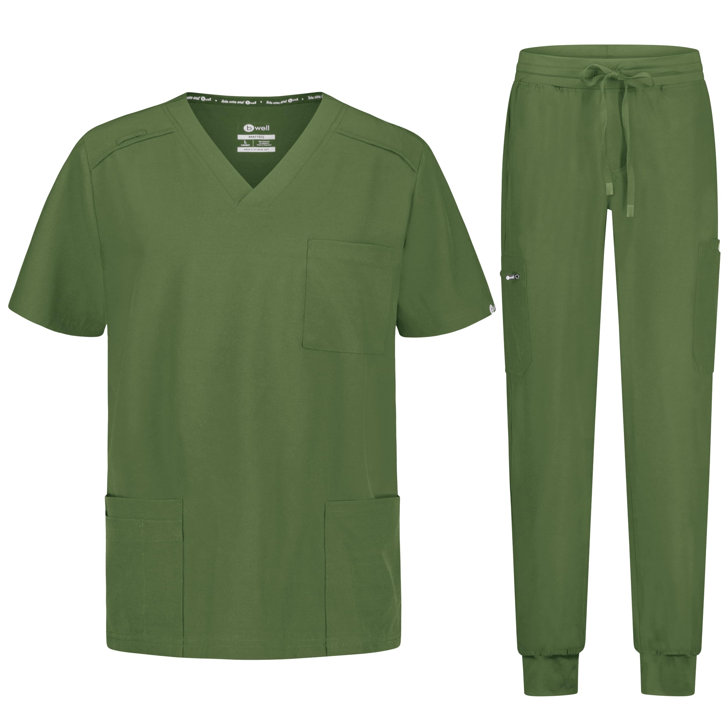 B-well Matteo Herren-Schrubb-Set Schlupfkasack + Jogger Hose Set Medizin Arzt Uniform Medizinische Berufsbekleidung mit Elastan (DE/NL/SE/PL, Alphanumerisch, XL, Olive)