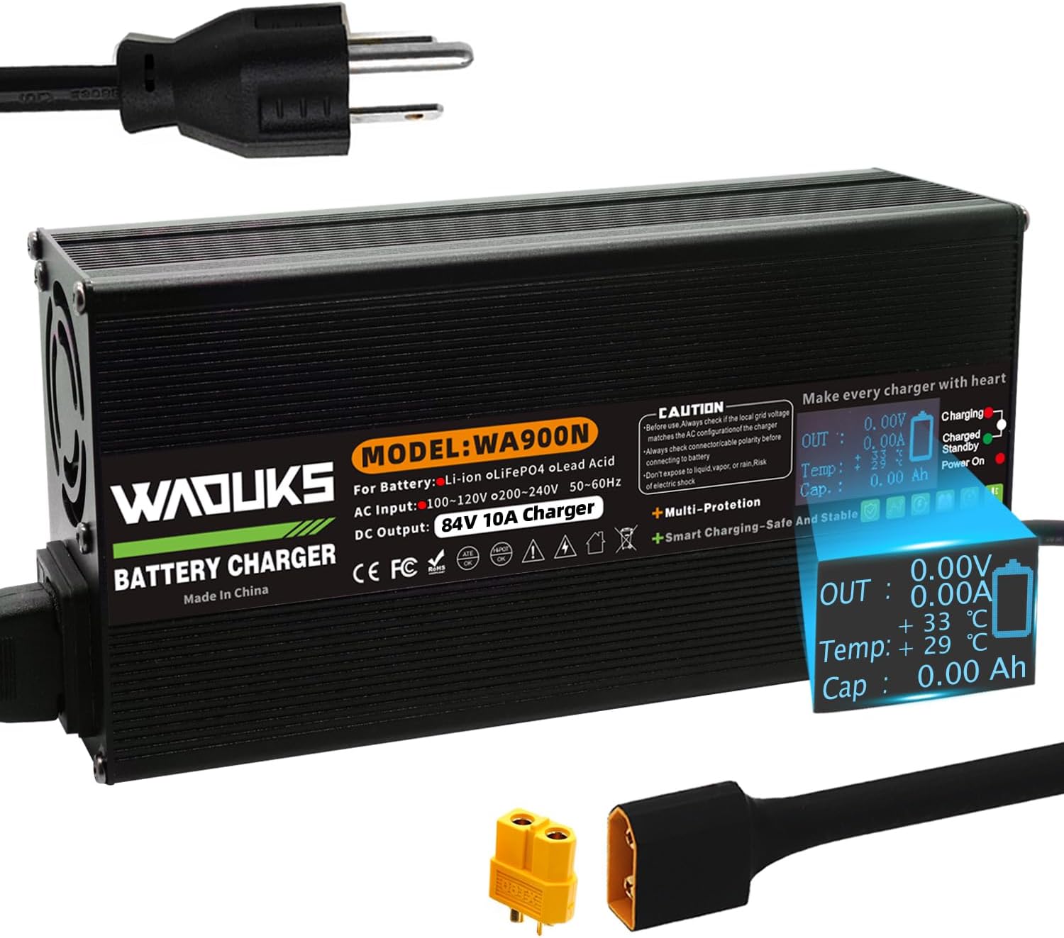 84V 10A Li-ion Battery Charger Aluminum Case Used for 20S 72V Lithium Battery Fast Charger with DC Output XT60 Male Connector