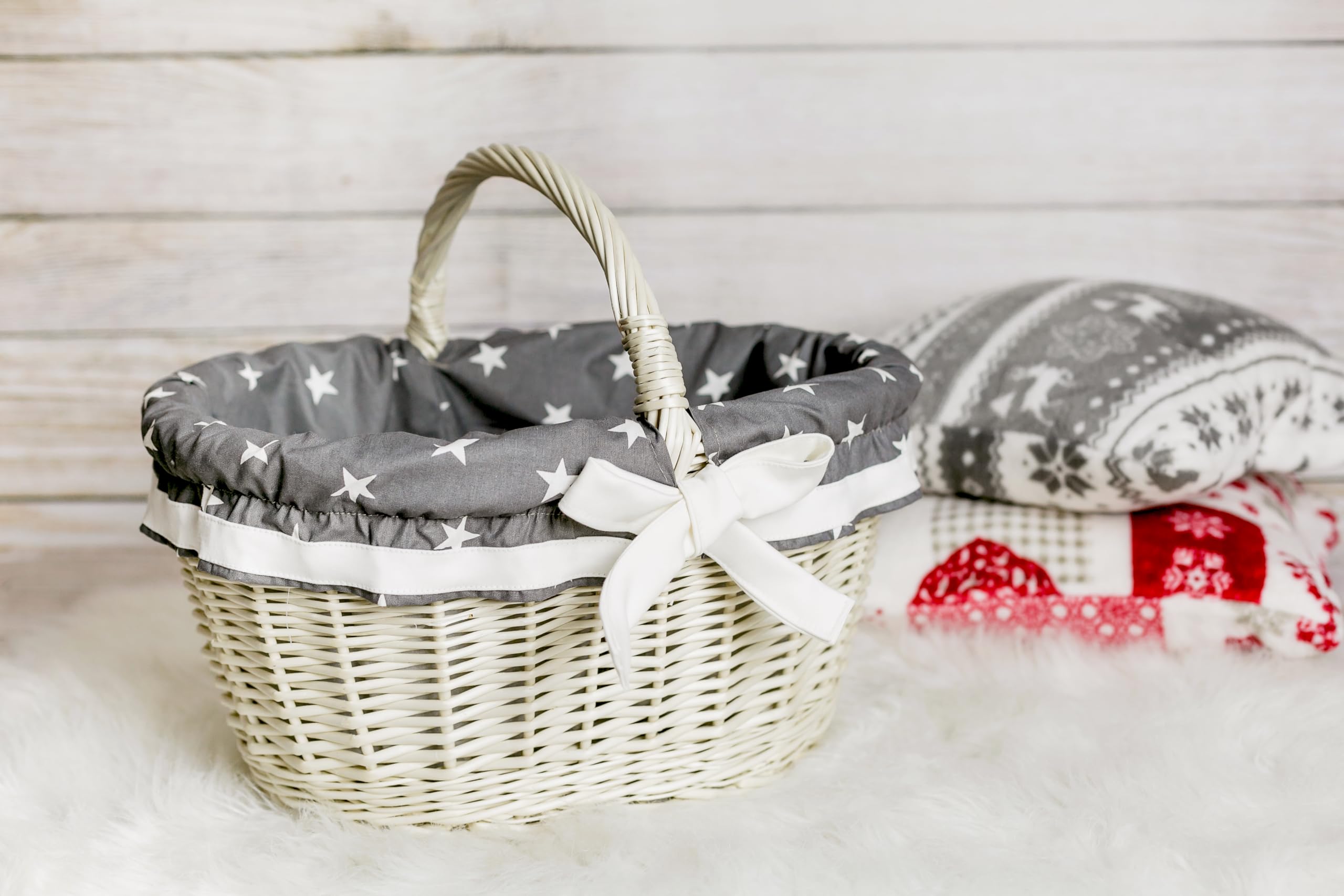 e-wicker24 Panier en osier blanc avec anse, panier à provisions,gondole, panier mariage, bateme, baby shower,basket ovale de courses (Crème)