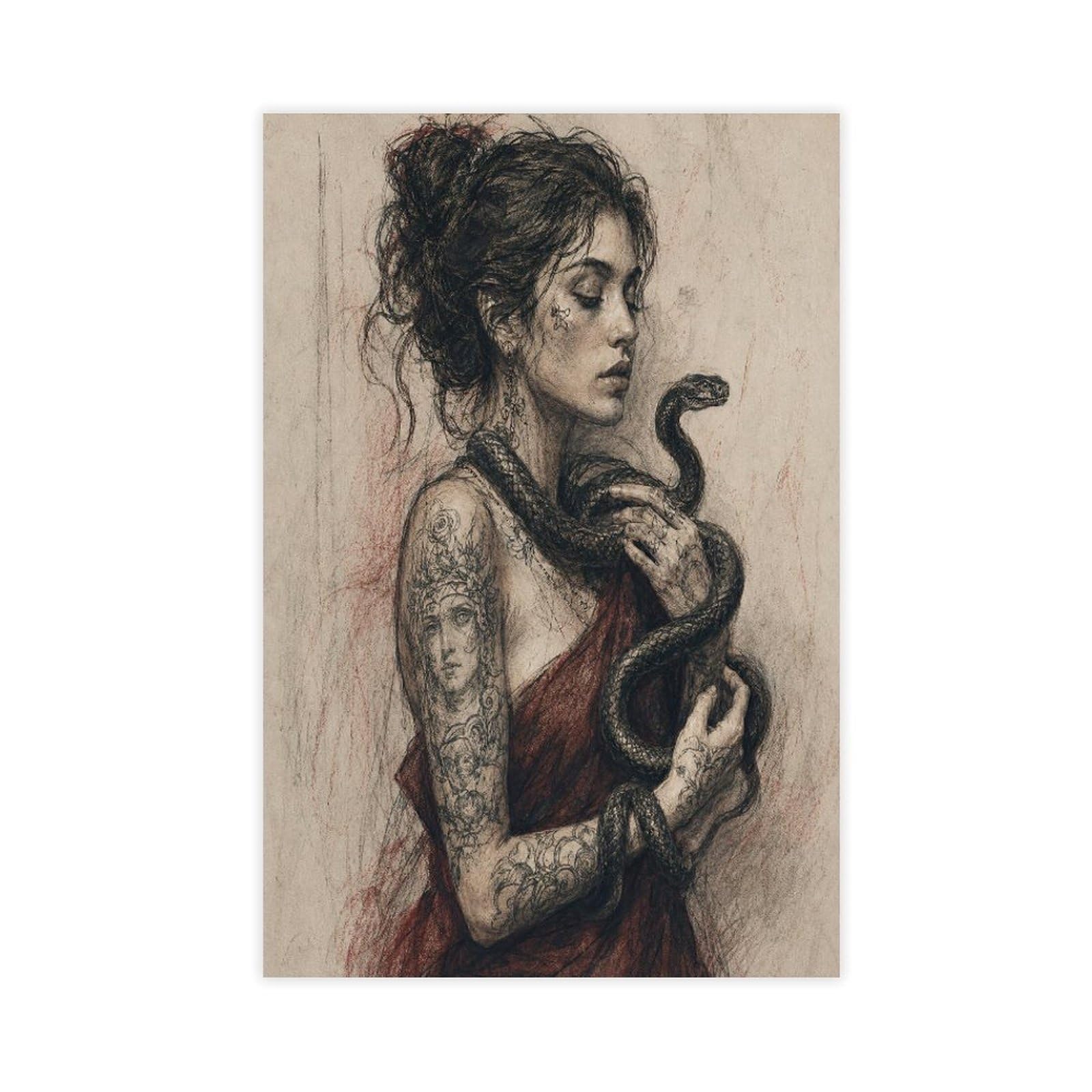 W7c8u2x3 Unframe-Style-20 Snake Woman Portrait Canvas Wall Art, Charcoal Sketch
