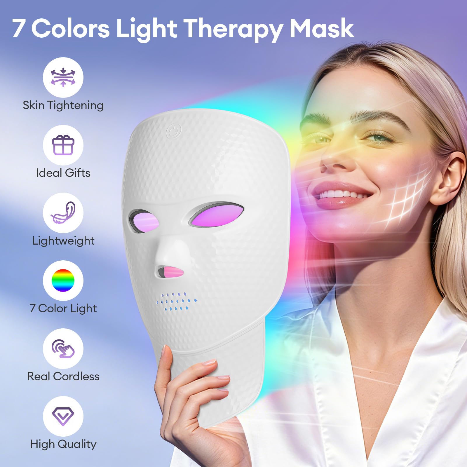Rotlichttherapie für Gesicht und Hals, LED-Gesichtsmaske, Lichttherapie, 7 Farben, Lichtmaske, kabellos und wiederaufladbar, für Zuhause und auf Reisen