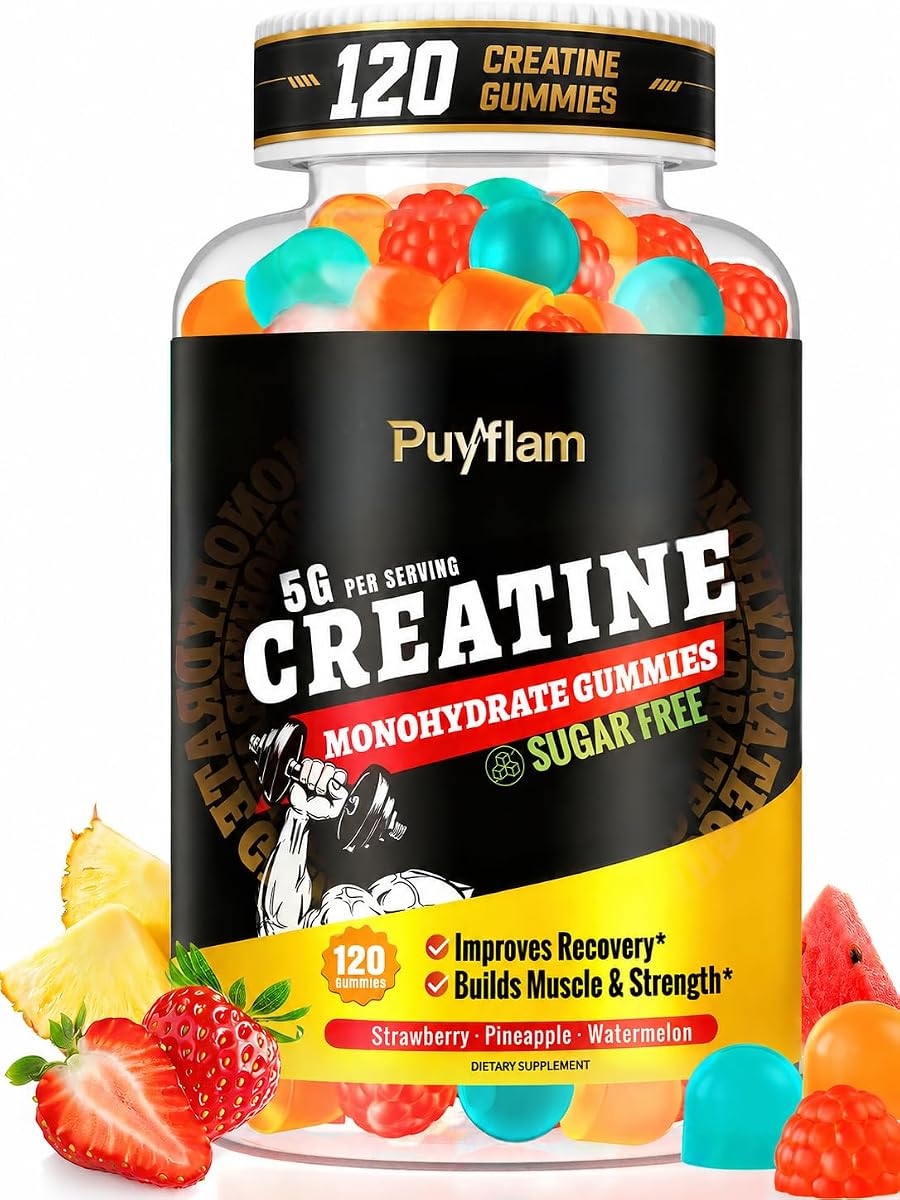 Sugar Free Creatine Monohydrate Gummies 5g for Men & Women –Daily Energy Gummies with L-Carnitine, Taurine, B12, Magnesium, Potassium for Strength, Endurance & Recovery | Vegan, Gluten-Free, 120 Count
