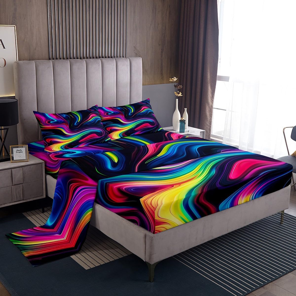 Neon Lines Bed Sheet Full Size,Irregular 3D Print Bedding Sets Kids Girls Boys Teens Adult Room Decor,Swirl Abstract Pattern Sheet Sets Trippy Style Reversible Fitted Sheet,2 Pillowcases