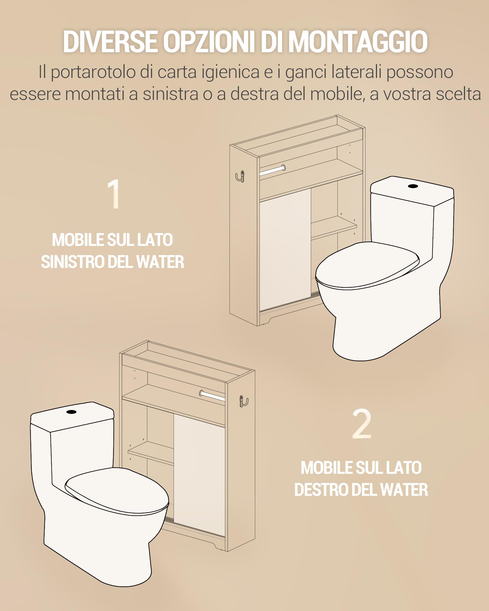 Hzuaneri Mobile Bagno, mobiletto bagno salvaspazio con Portarotoli di Carta Igienica e Ganci, Ante Scorrevole, Ripiano Regolabile, Accanto al Water, 20 x 60 x 80 cm, Bianco BC62813X