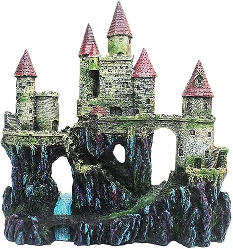Aquarium Castle Ornament 25cm, Resin Rock Bridge Fish House Decor with Caves & Swim-Through Tunnels