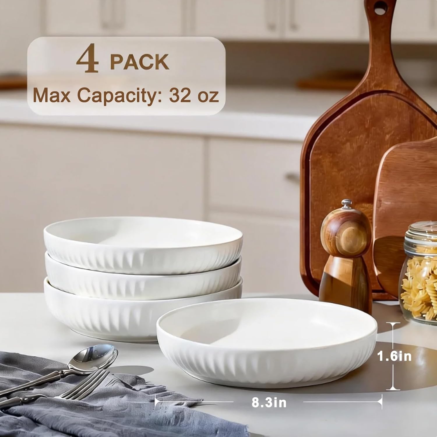 8 Inch Ceramic Pasta Bowls set of 4, 32 Oz White Serving Bowls - Microwave, Dishwasher & Oven Safe, Shallow Soup Bowls for Salad, Pasta, Cereal