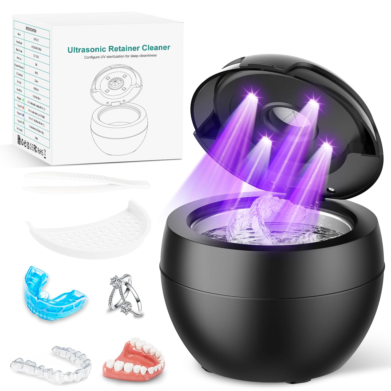 Dentystyczna ultradźwiękowa maszyna do czyszczenia ustalającego, kapsułka do czyszczenia zębów 45 kHz z 4 trybami, cyfrowy timer i pojemność 200 ml do protezy, osłony ust, wyrównania, osłony nocnej