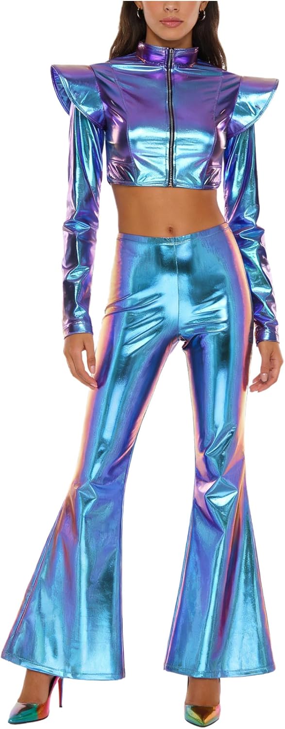 Womens Metallic Shiny Club Outfit Long Sleeve Crop Top with Flared Pants Rave Dance Wear