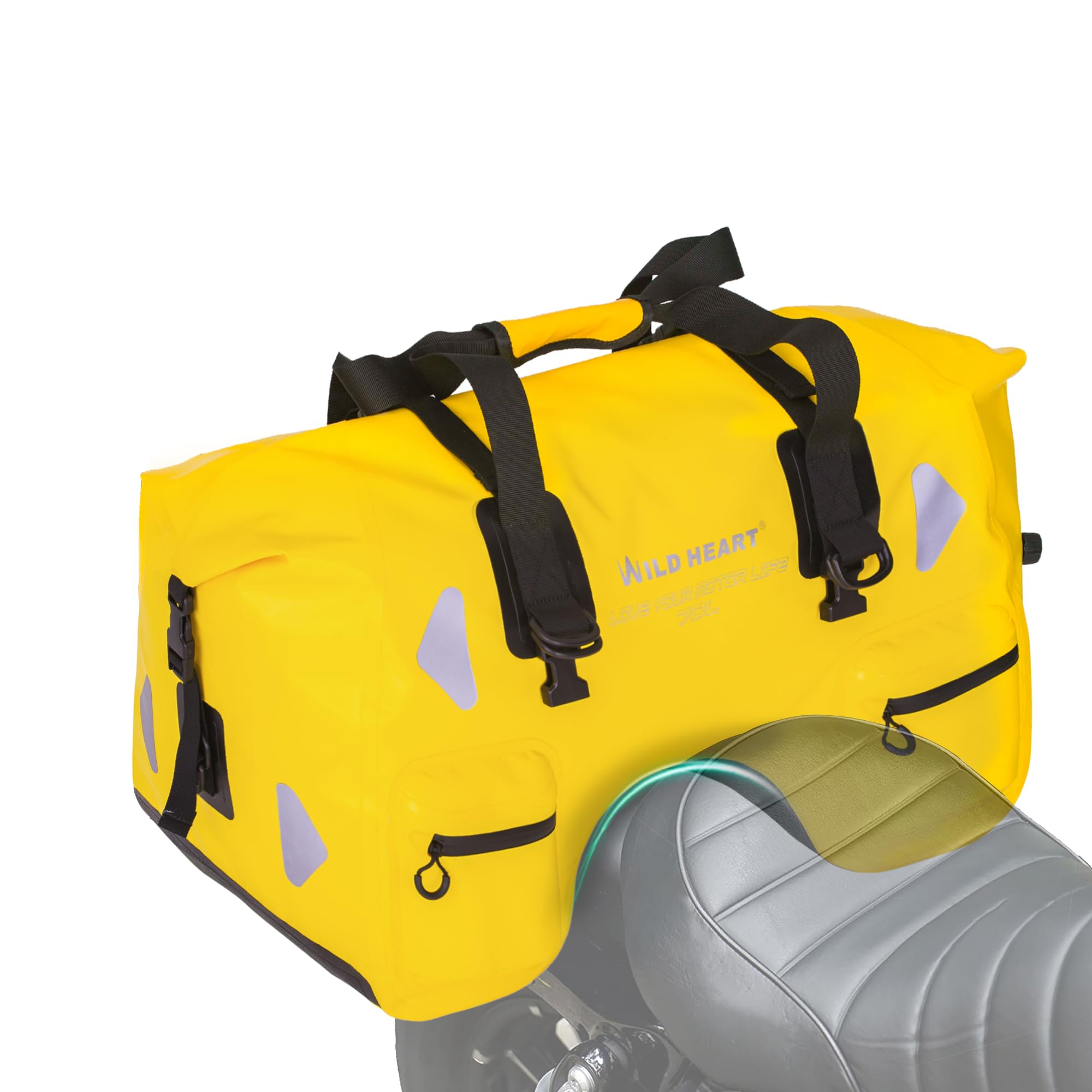 WILD HEART Sac de Voyage Moto en U de 70L Sacoche Etanche Selle Moto - Rangement Durable et étanche pour Motos - Facile à Installer, Sécurisé et sans Danger pour Votre équipement (Jaune)
