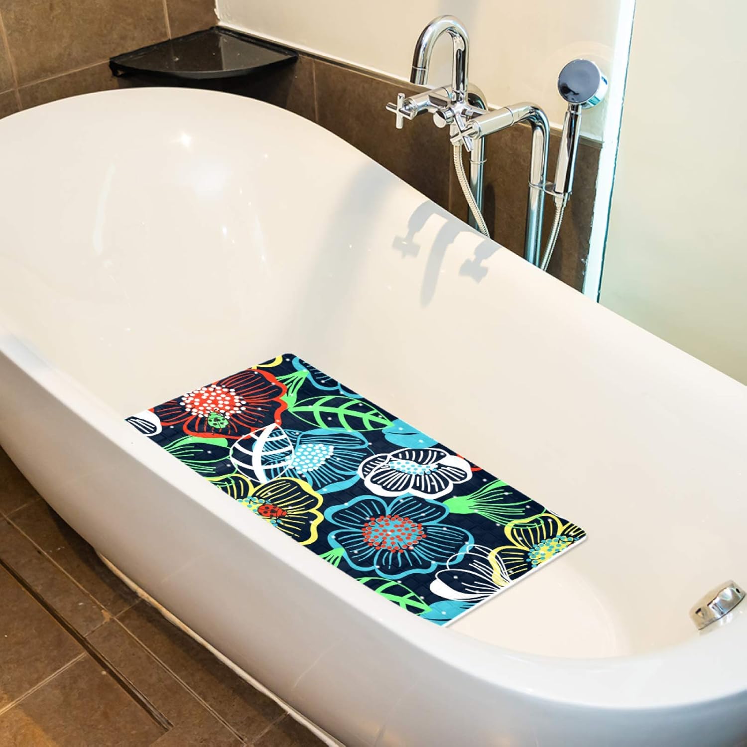 Bath Tub Shower Mat 14.7 x 26.9 inches Bold Colorful Large Floral Flower Pattern Print with Suction Anti Slip Stripes-Strong Grip Suction Cups for Smooth/Non-Textured Tubs, Marble Floors : Home & Kitchen