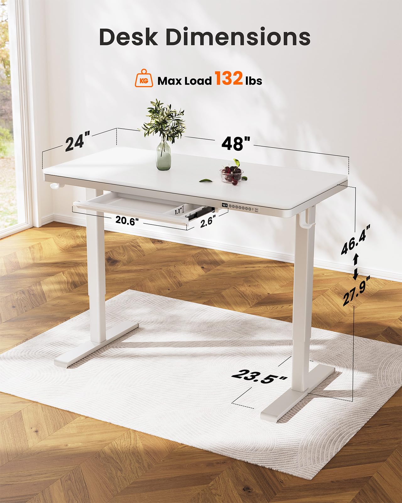 ErGear Dual Motor Electric Standing Desk with Drawers,48x24 Inch Whole-Piece Quick Install,Height Adjustable Stand up Sit Stand Home Office Ergonomic Workstation with USB Charging Ports(White)